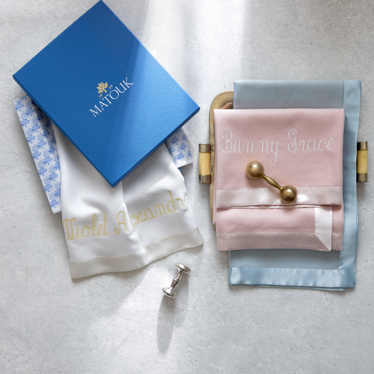 Folded Dream Modal Little Blankets with satin trim with Matouk box