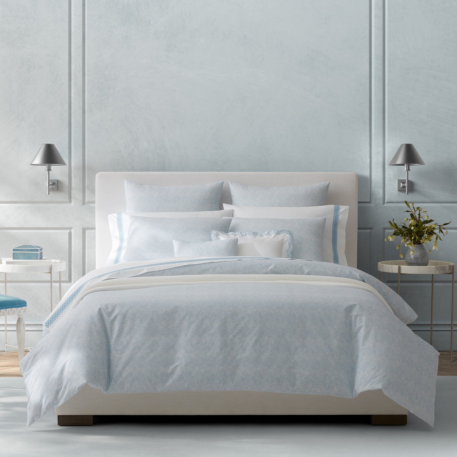 Full Bed Dressed in Matouk Duma Diamond Bedding in Sky Color