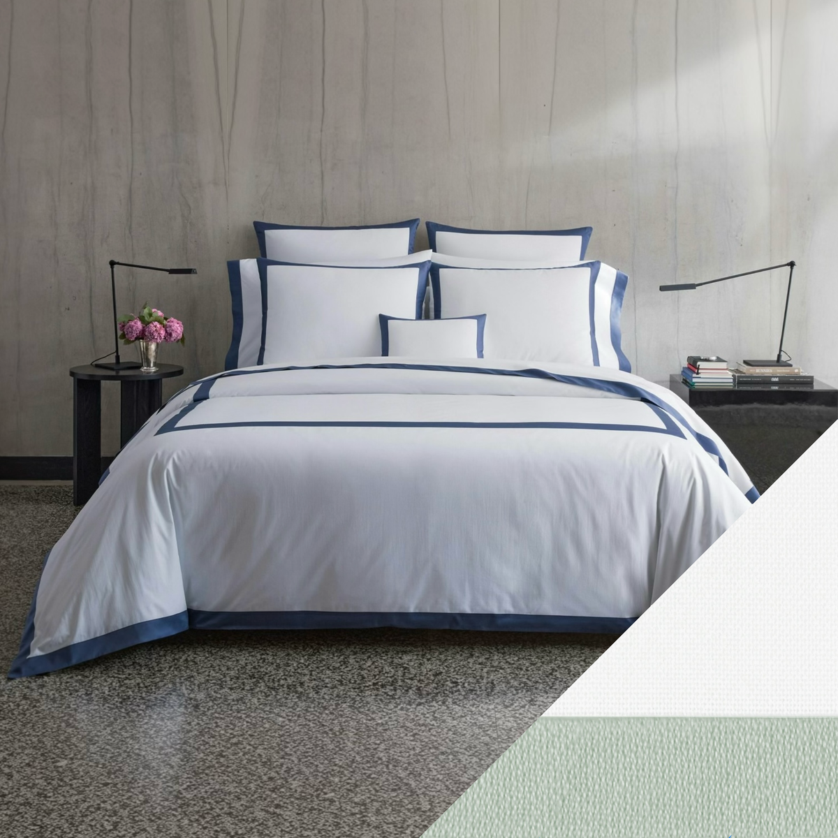 Bed in Matouk Emory Full Bedding in Steel Blue with Celadon swatch