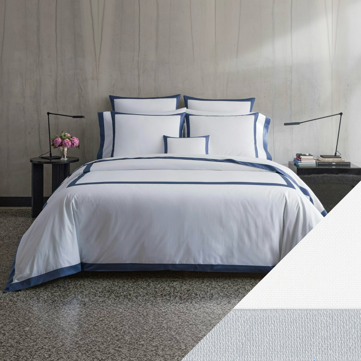 Bed in Matouk Emory Full Bedding in Steel Blue with Dove swatch