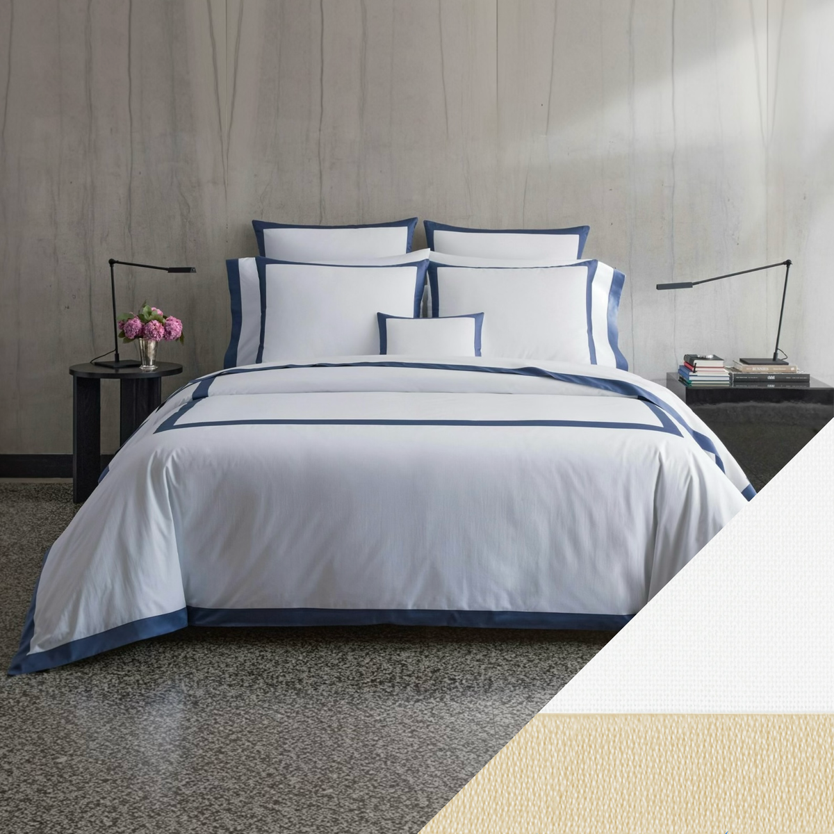 Bed in Matouk Emory Full Bedding in Steel Blue with Dune swatch