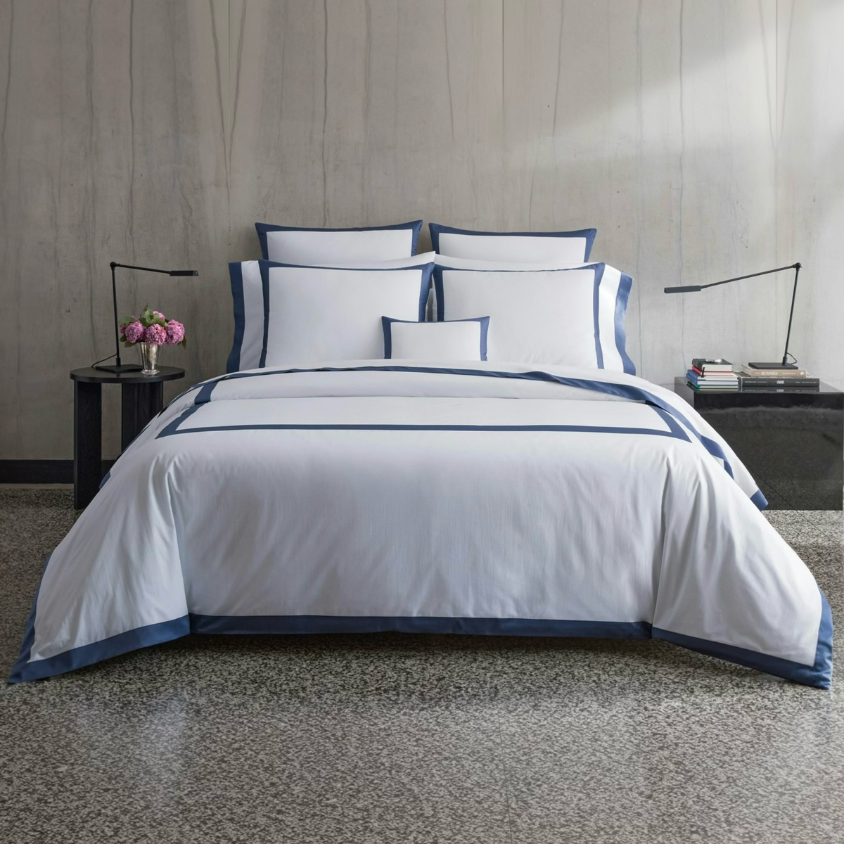 Bed in Matouk Emory Full Bedding in Steel Blue