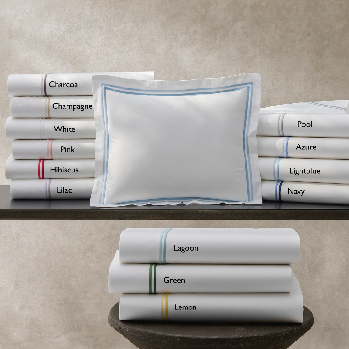 Folded Sheets of Matouk Essex Bedding with Label of All Colors