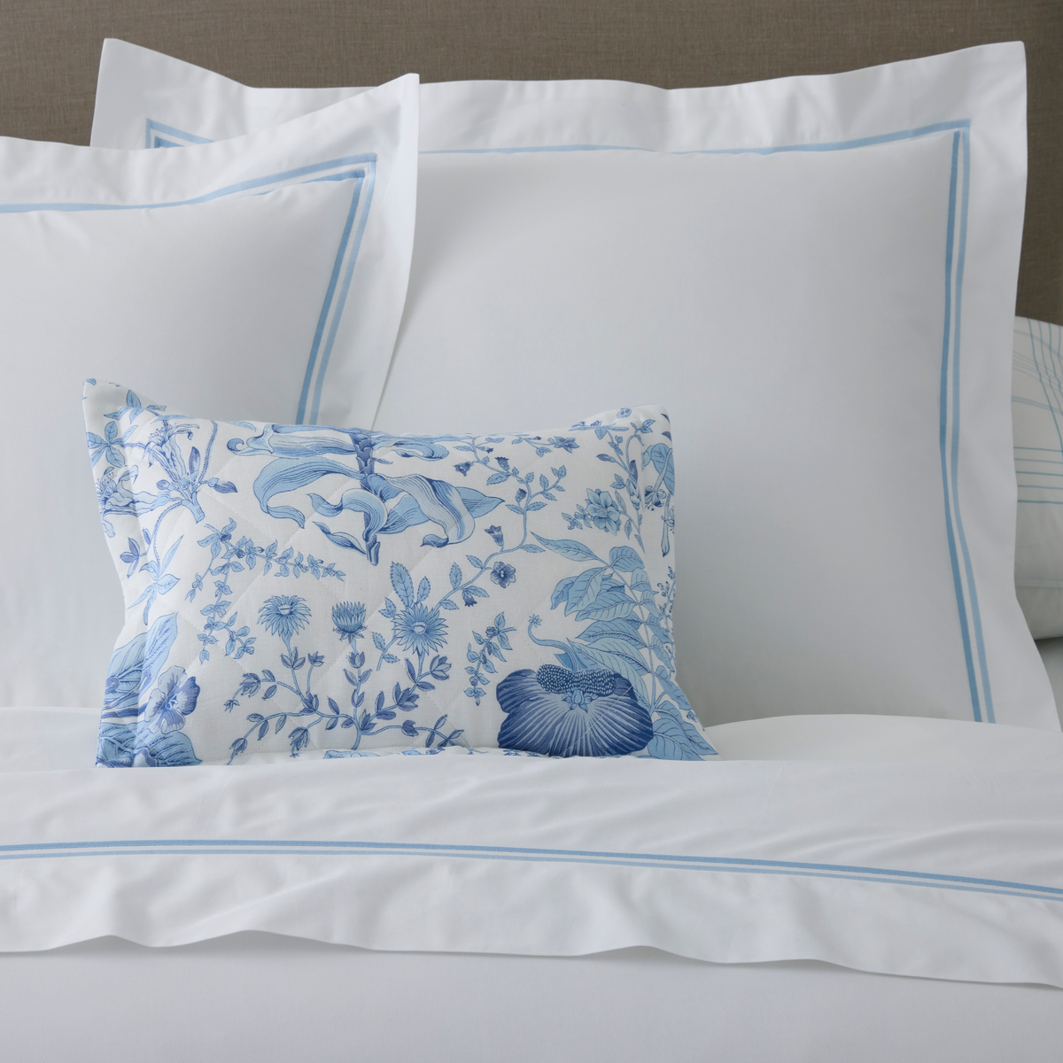 Closeup of Blue Shams of Matouk Essex Bedding Collection in Azure Color