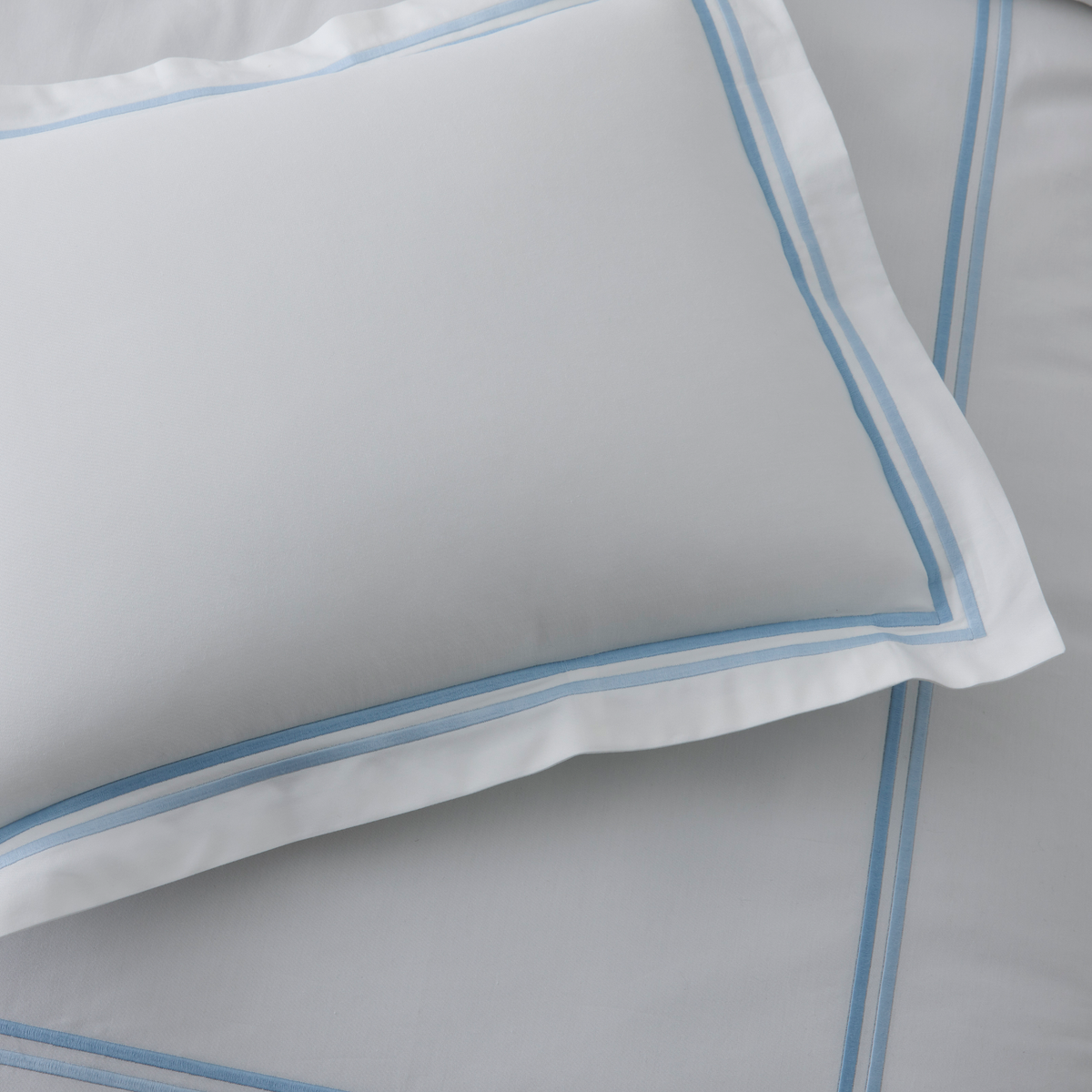 Closeup of Bed Sheets of Matouk Essex Bedding Collection in Azure Color