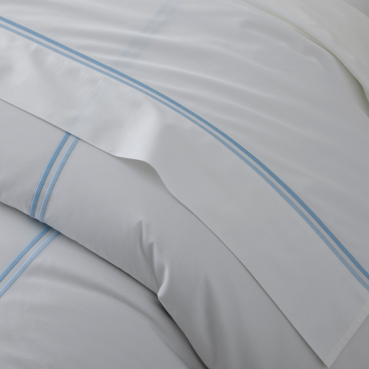 Closeup of Bed Sheets of Matouk Essex Bedding Collection in Azure