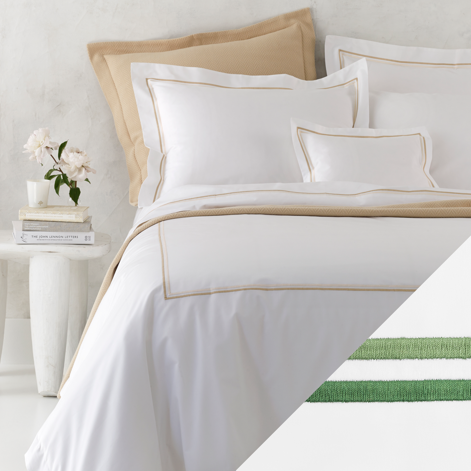 Corner Picture of Matouk Essex High End Bedding with Swatch in Green Color