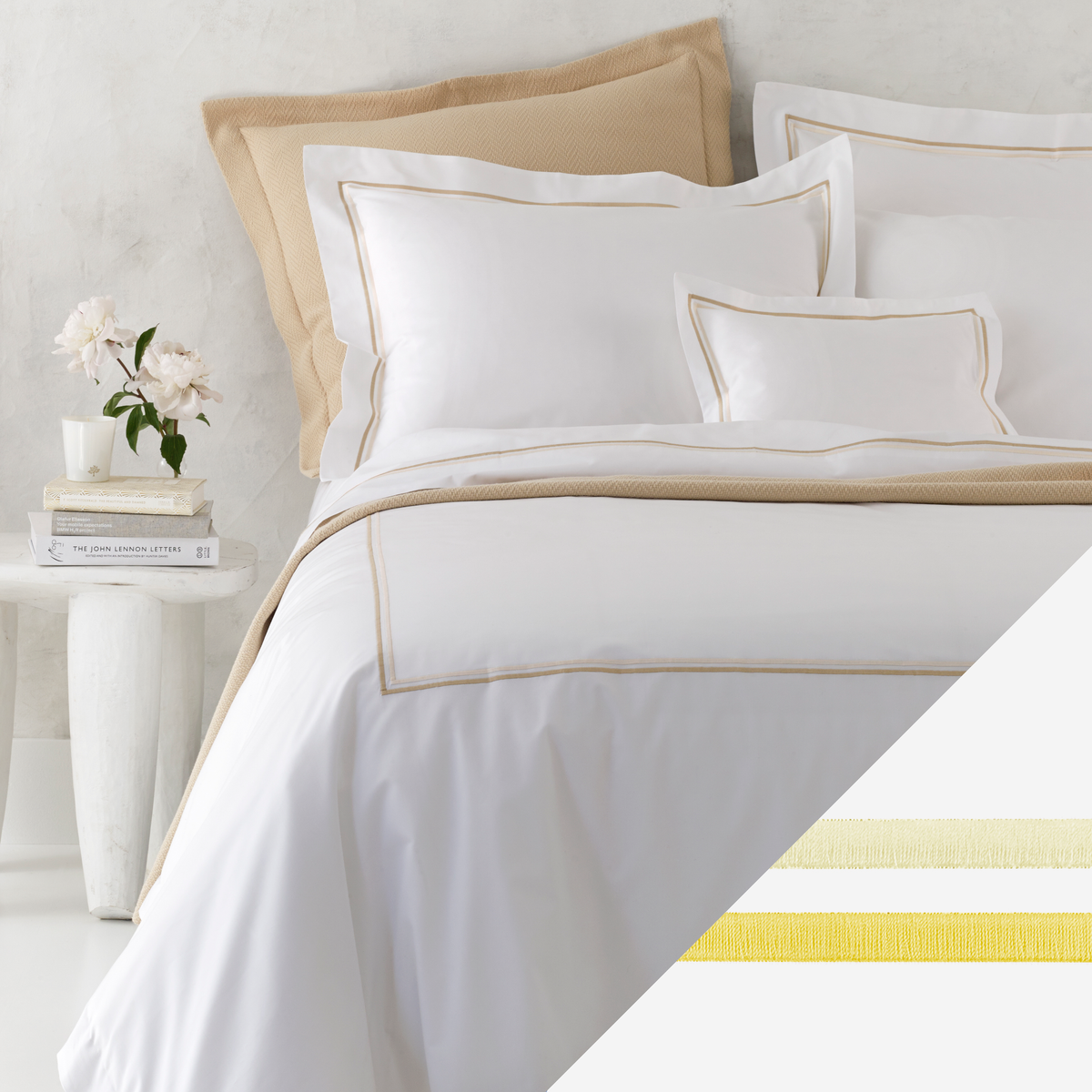 Corner Picture of Matouk Essex High End Bedding with Swatch in Lemon Color