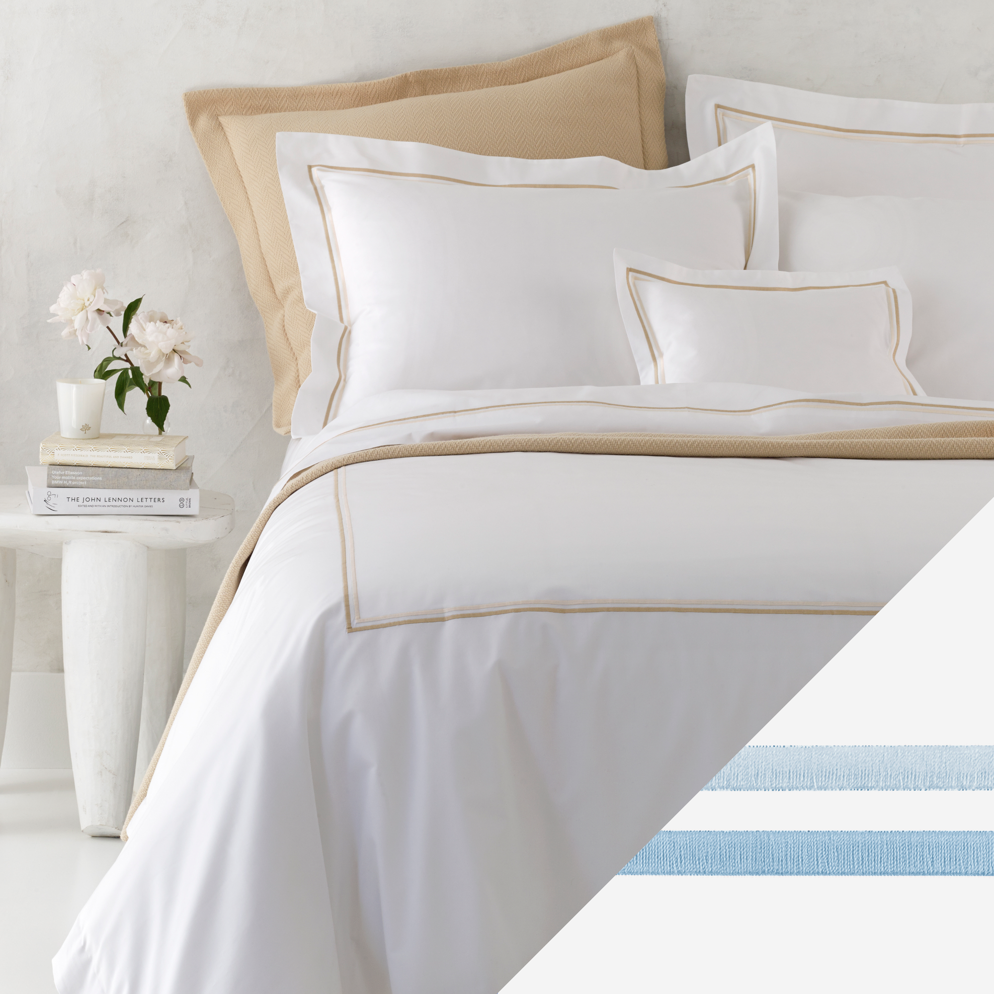 Corner Picture of Matouk Essex High End Bedding with Swatch in Lightblue Color