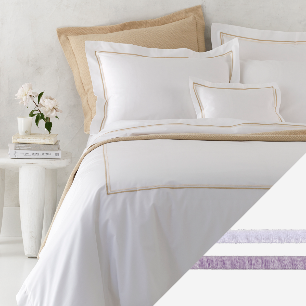 Corner Picture of Matouk Essex High End Bedding with Swatch in Lilac  Color