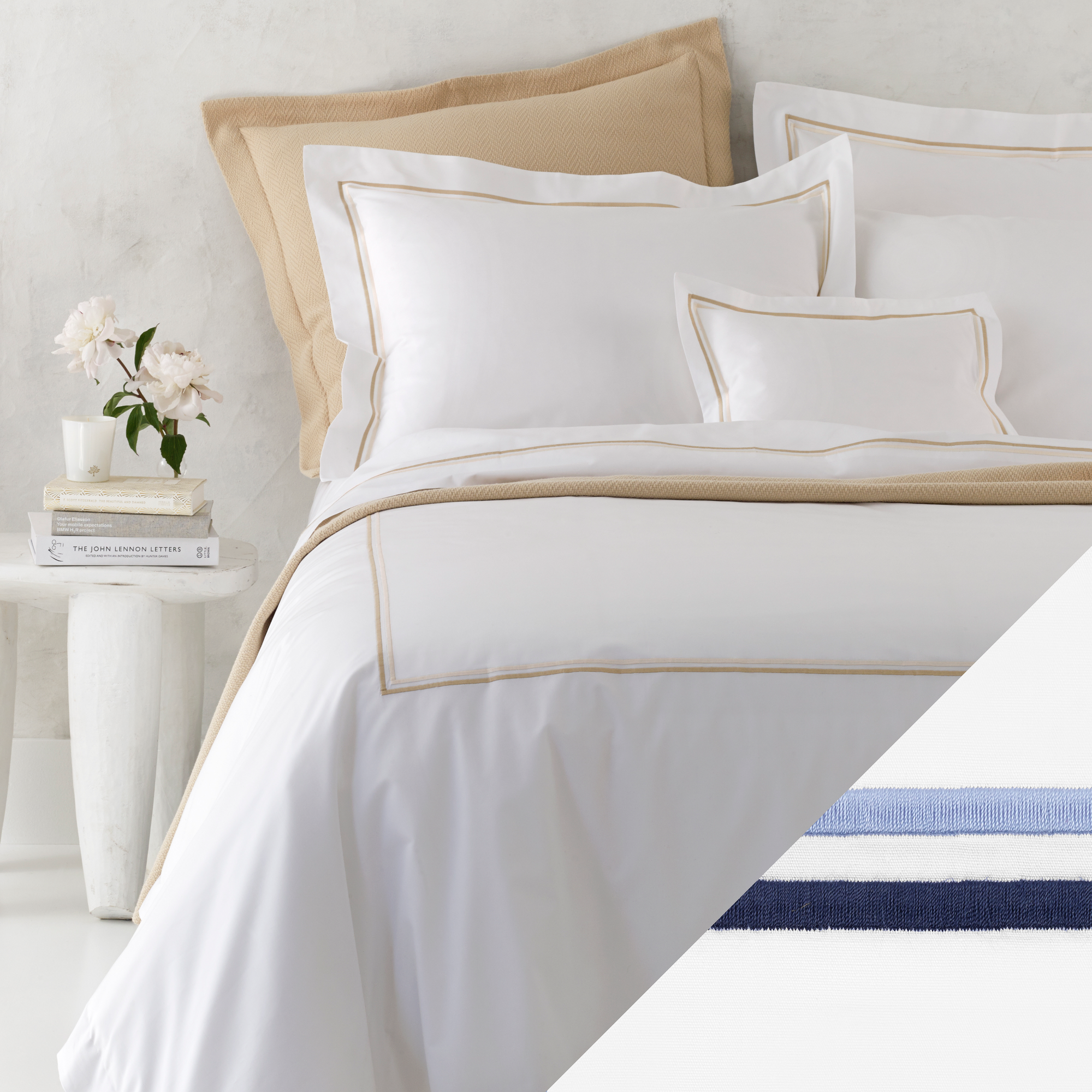 Corner Picture of Matouk Essex High End Bedding with Swatch in Navy Color