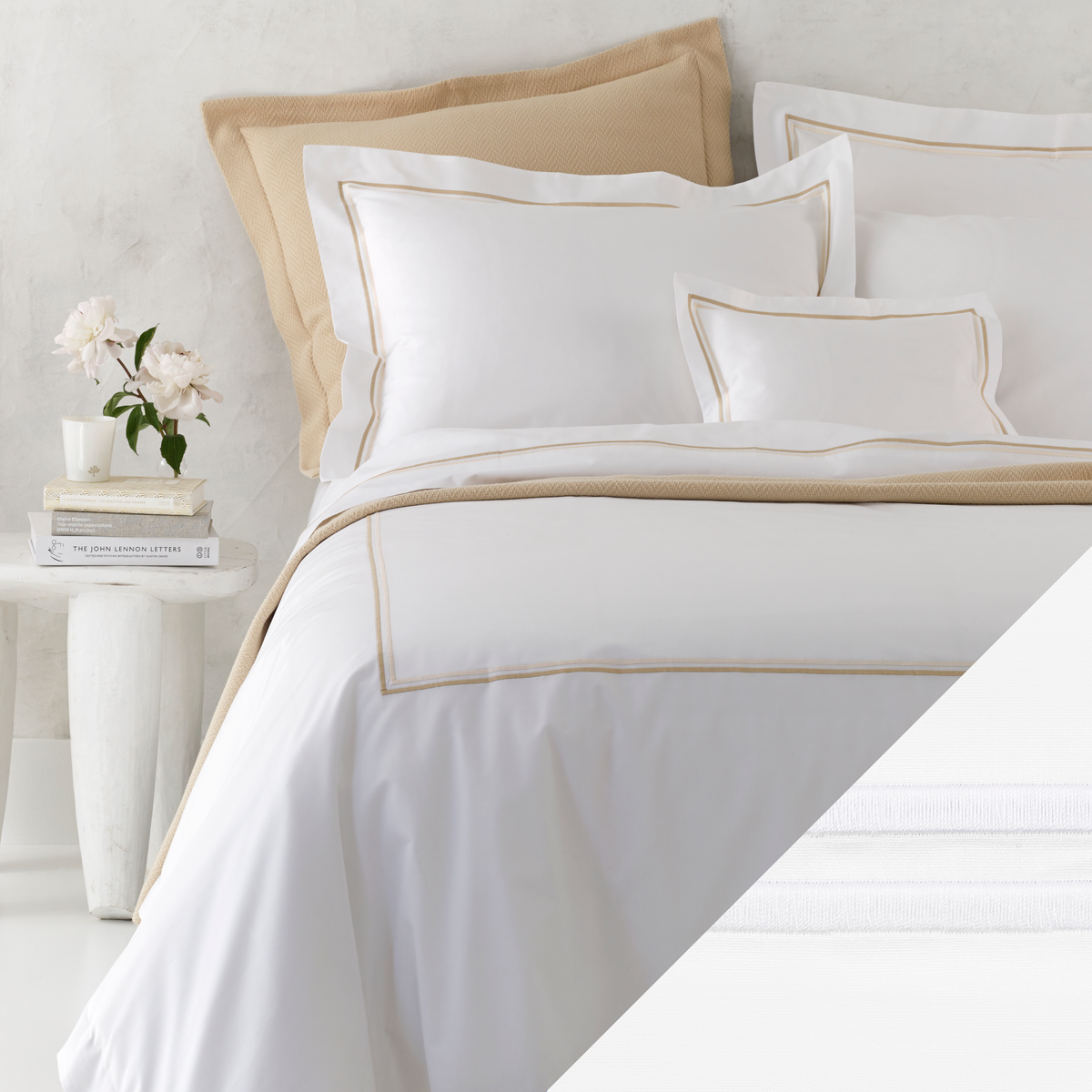 Corner Picture of Matouk Essex High End Bedding with Swatch in White Color