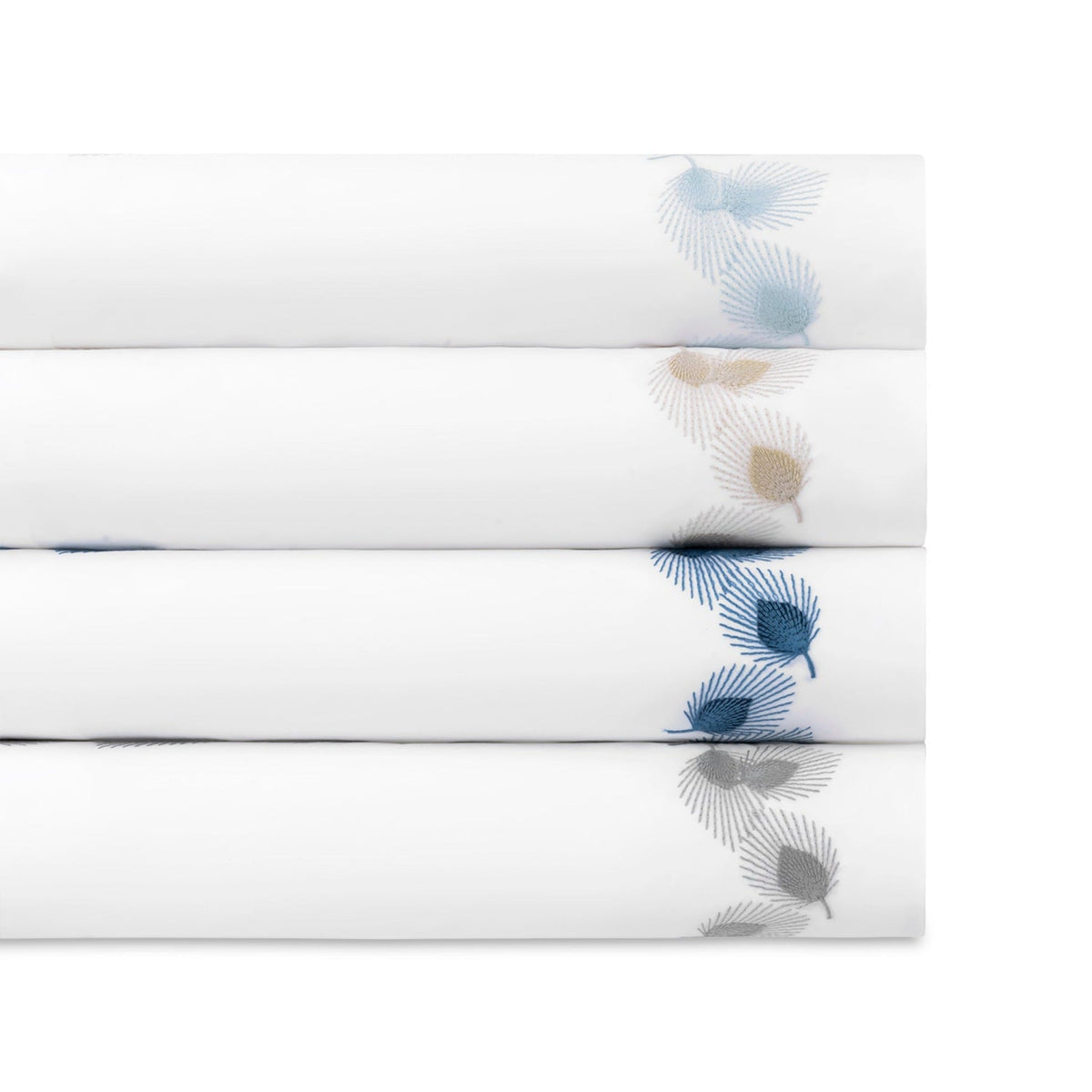Stack of Matouk Feather Bedding Fine Linens in All Colors
