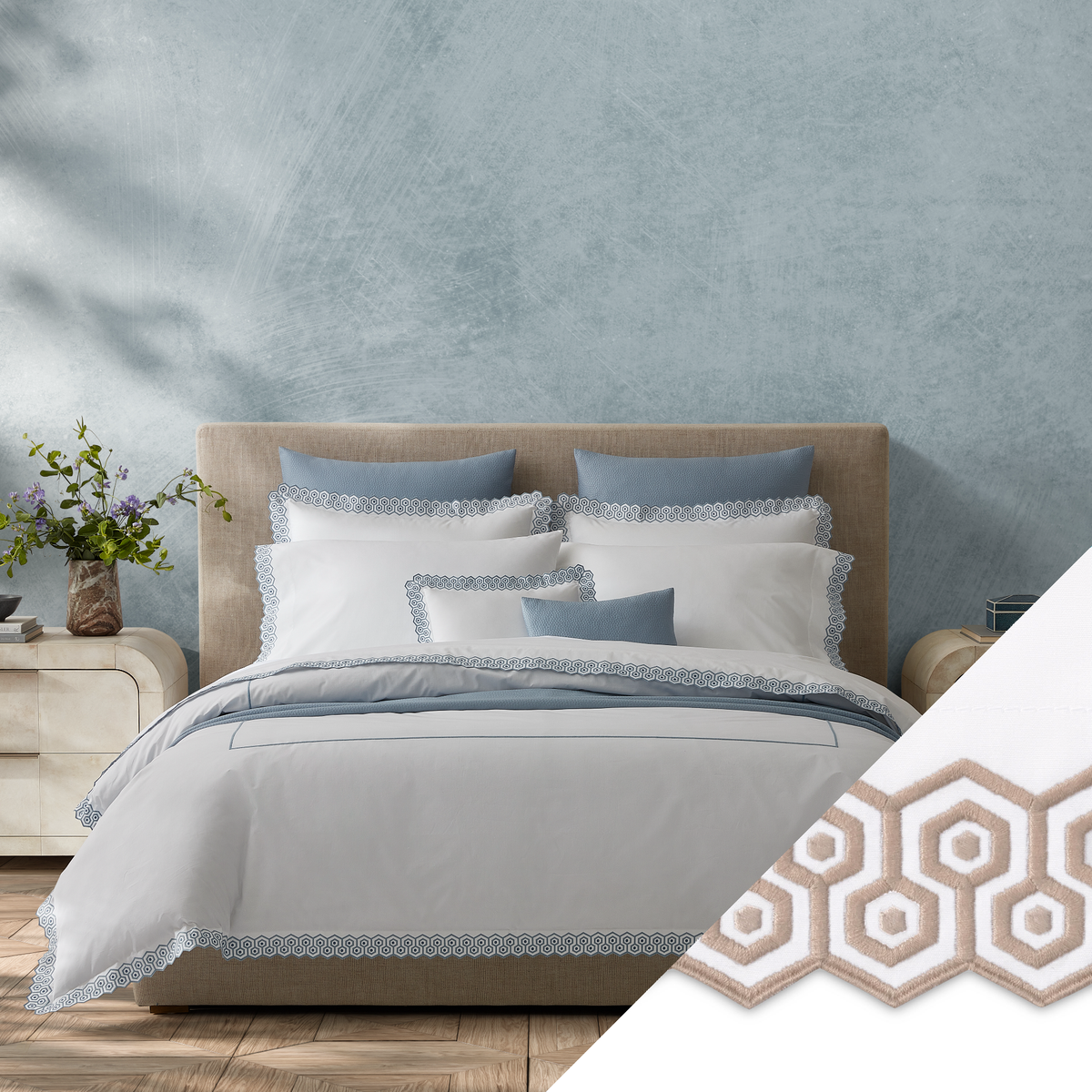 Full Bed Dressed in Matouk Felix Bedding in Hazy Blue Color with Dune Swatch