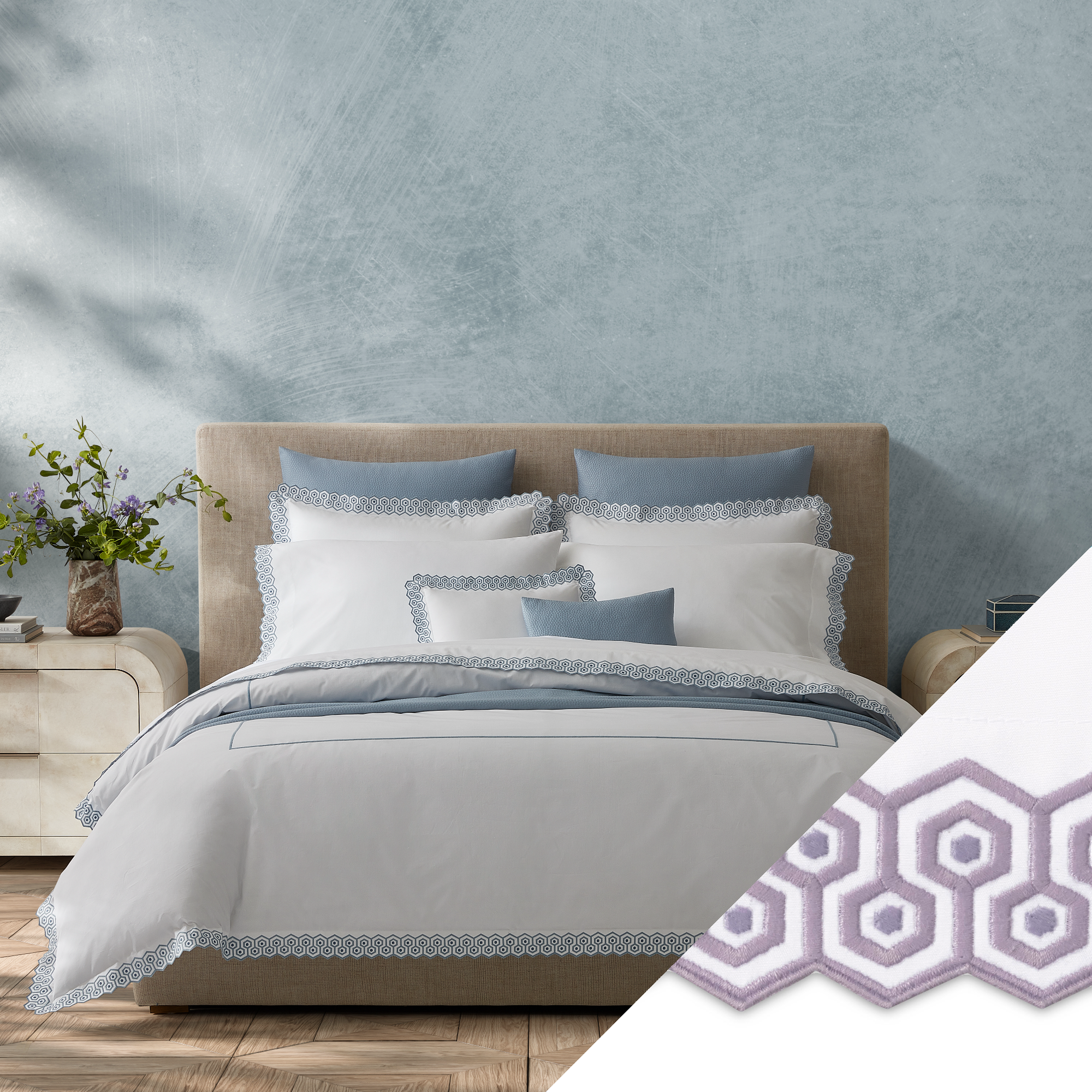 Full Bed Dressed in Matouk Felix Bedding in Hazy Blue Color with Lilac  Swatch