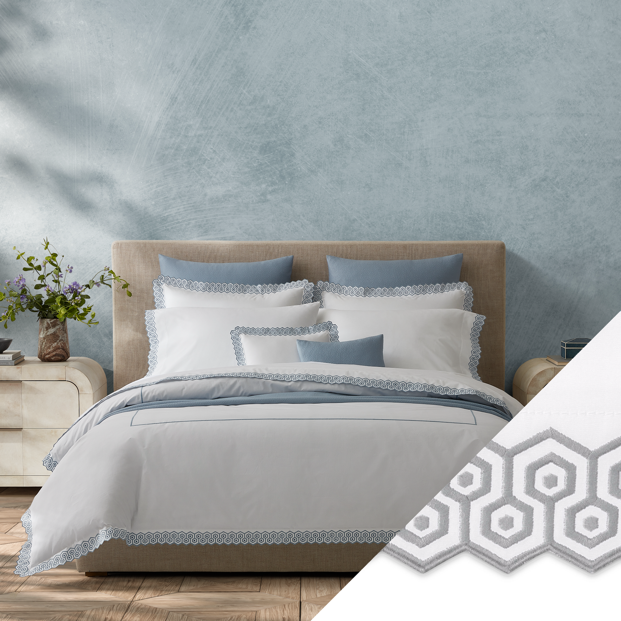 Full Bed Dressed in Matouk Felix Bedding in Hazy Blue Color with Silver Swatch