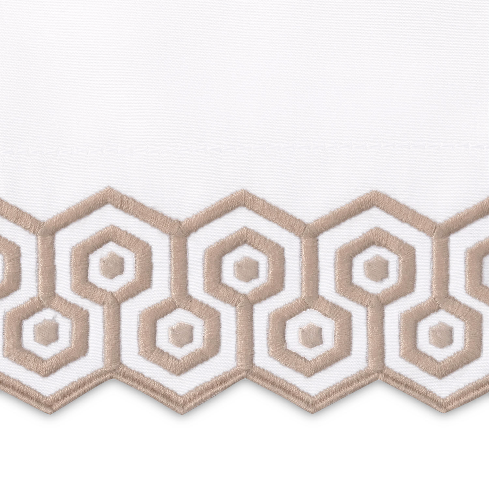 Full Bed Dressed in Matouk Felix Bedding in Hazy Blue Color with Dune Swatch