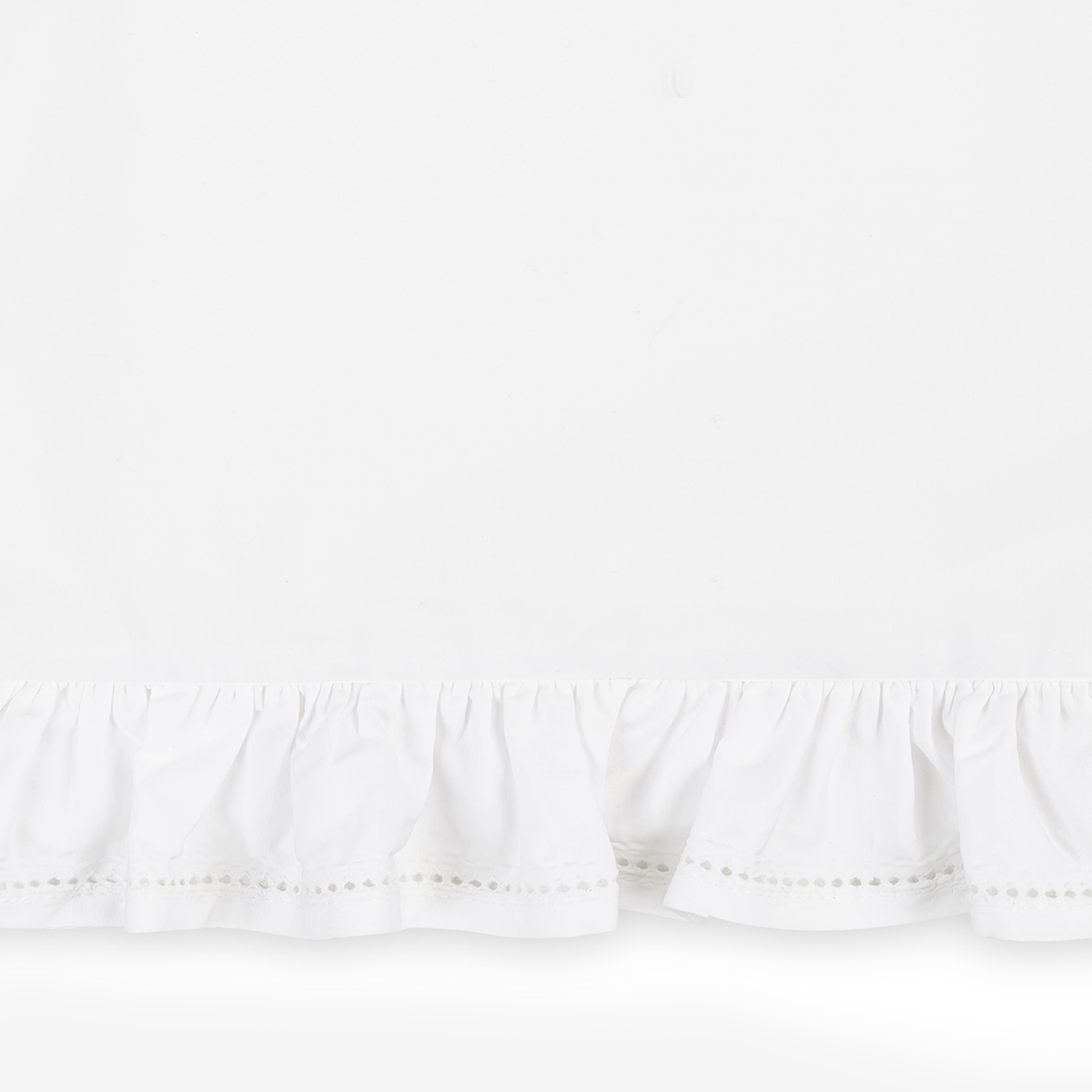 Close-up of Matouk Georgia Collection romantic ruffle bedding in white Egyptian cotton percale with decorative stitching.