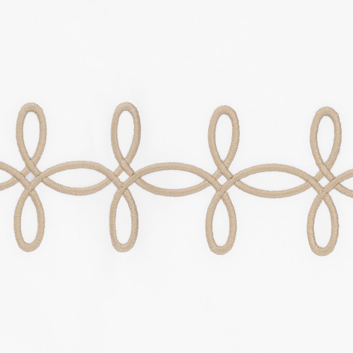 Truffle color Matouk Gordian Knot Embroidery Detail on white Egyptian cotton percale