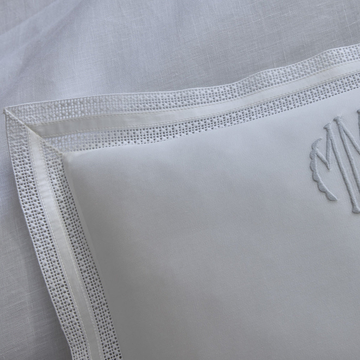 Detail View of a Sham of Matouk Grace Bedding in Color White