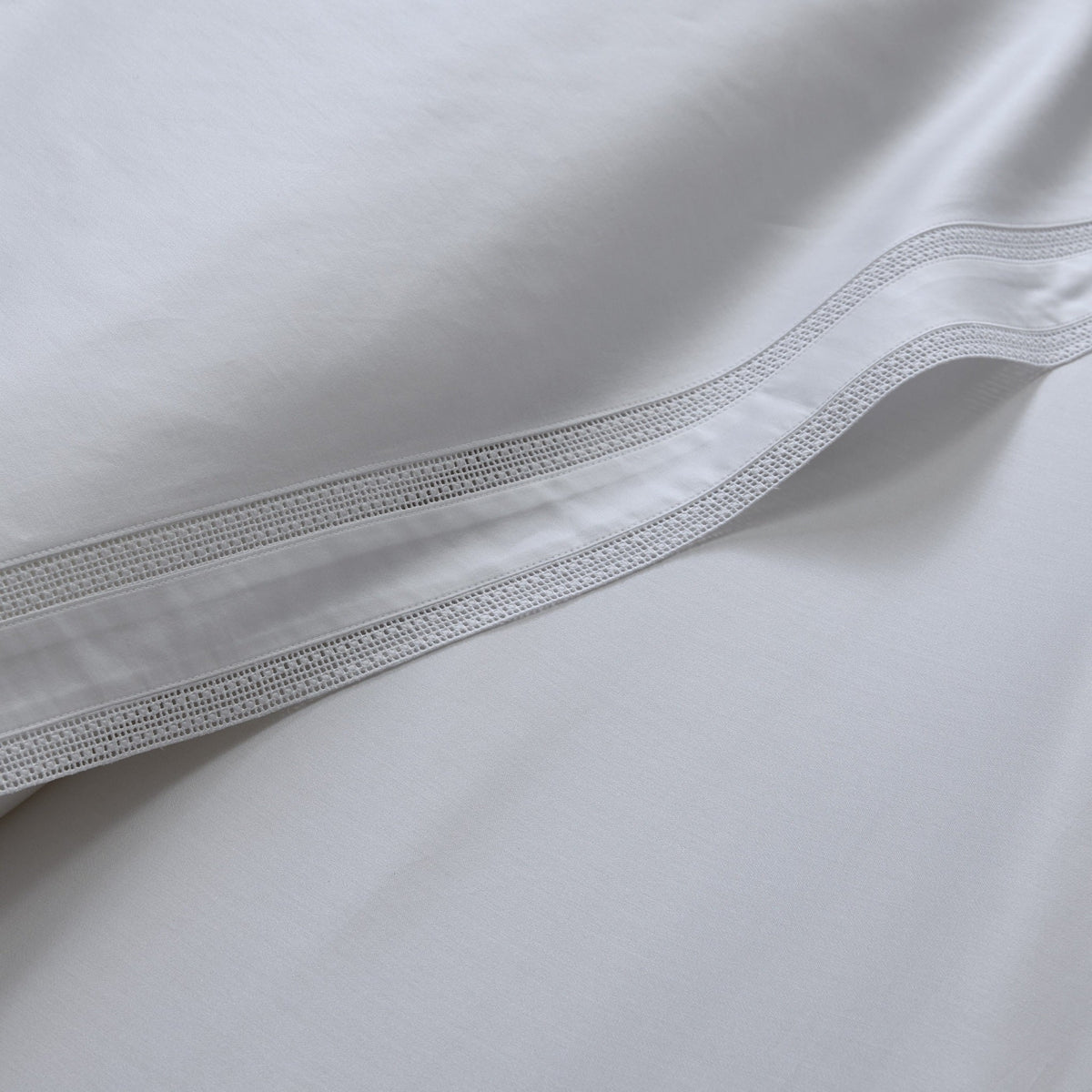 Detail View of Flat Sheet of Matouk Grace Bedding in Color White