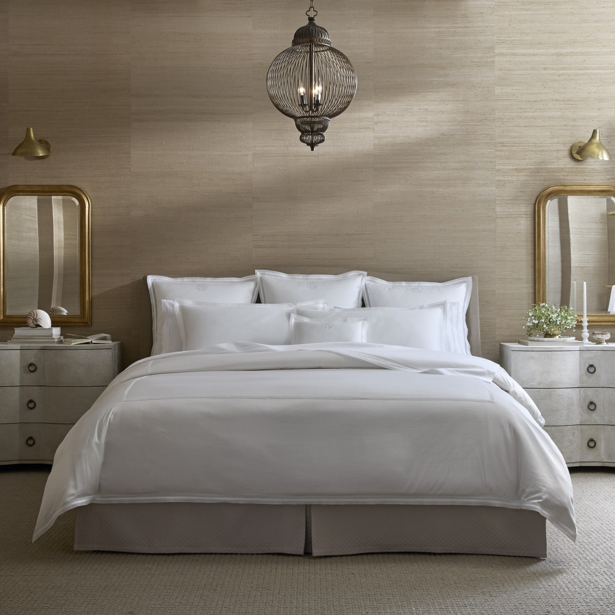 Full Bed Dressed in Matouk Grace Bedding in White Color