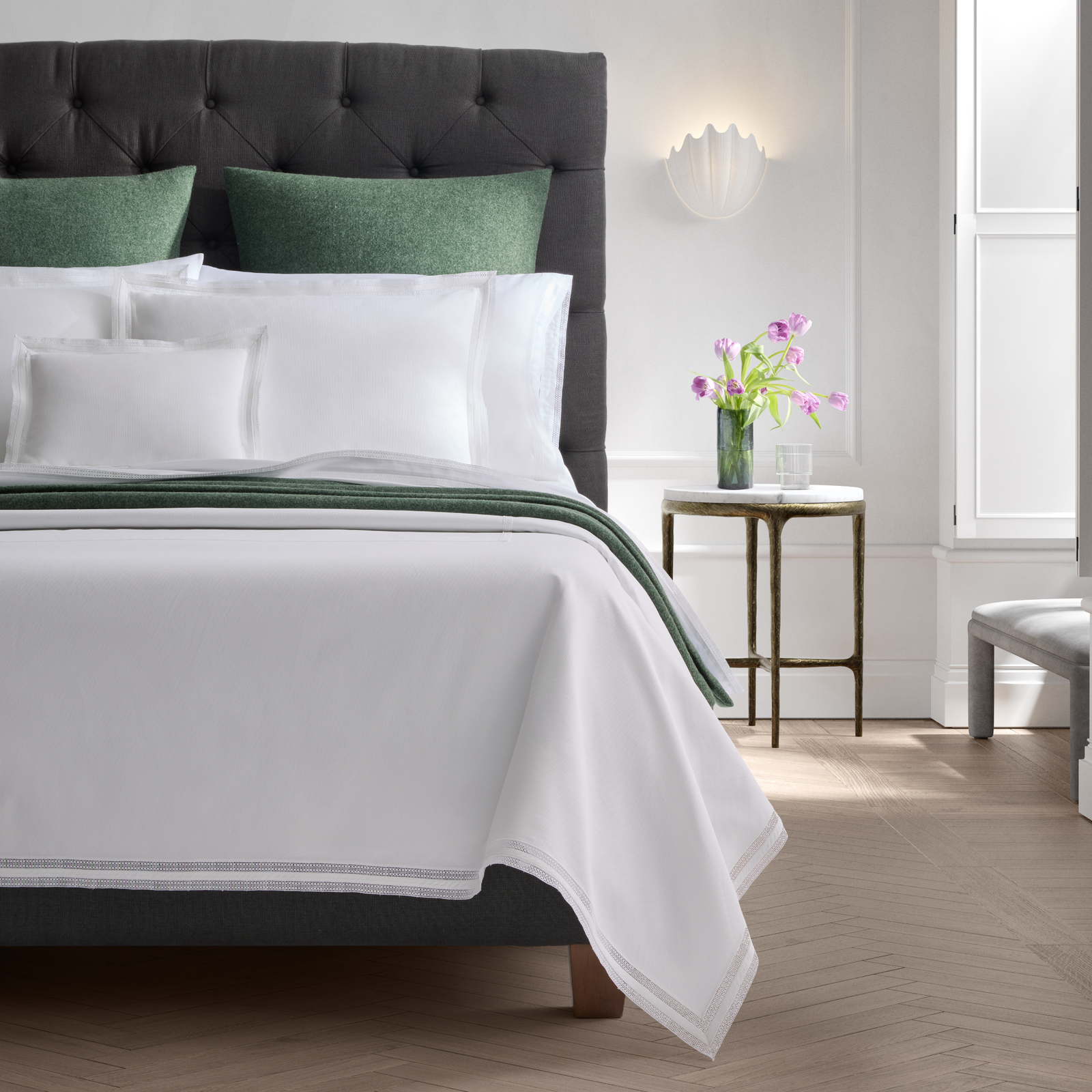 Bed in White Matouk Grace Lace Bedding with Cosmo Forest