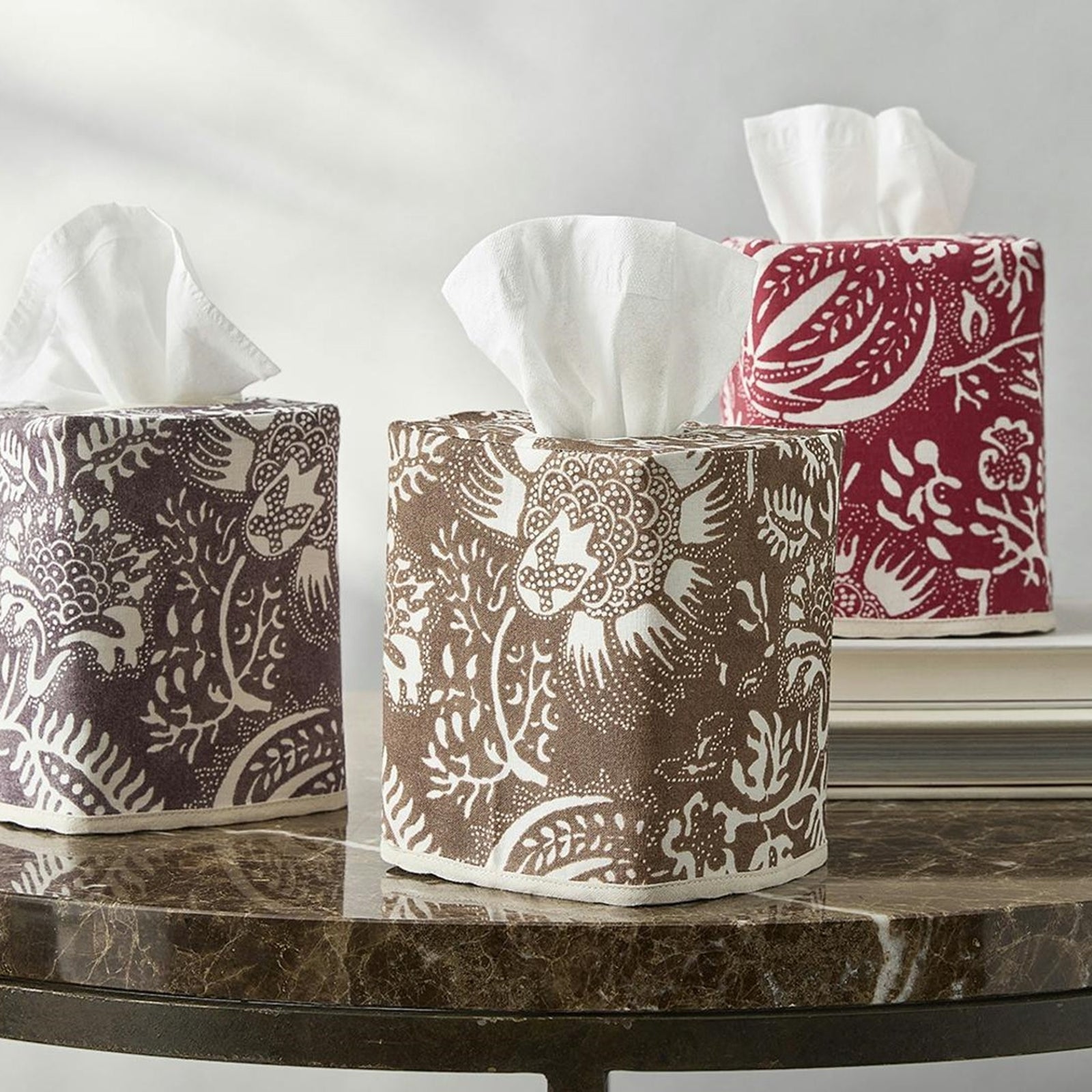 Lifestyle Shot of Matouk Granada Linen Tissue Box Cover in All Colors