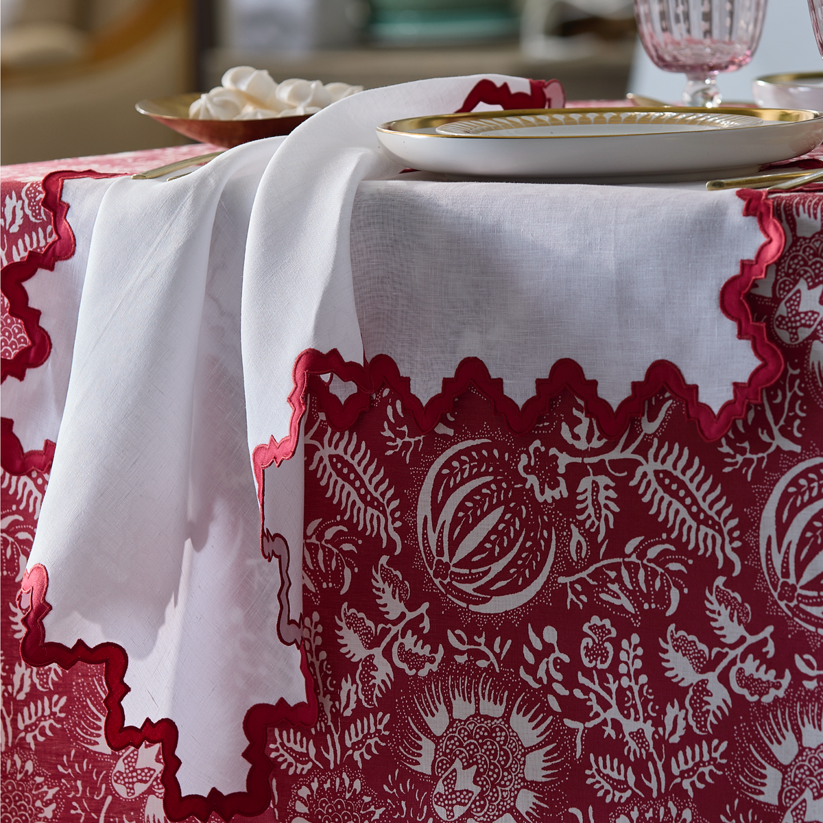 Detail of Matouk Granada Table Napkin in Scarlet Color