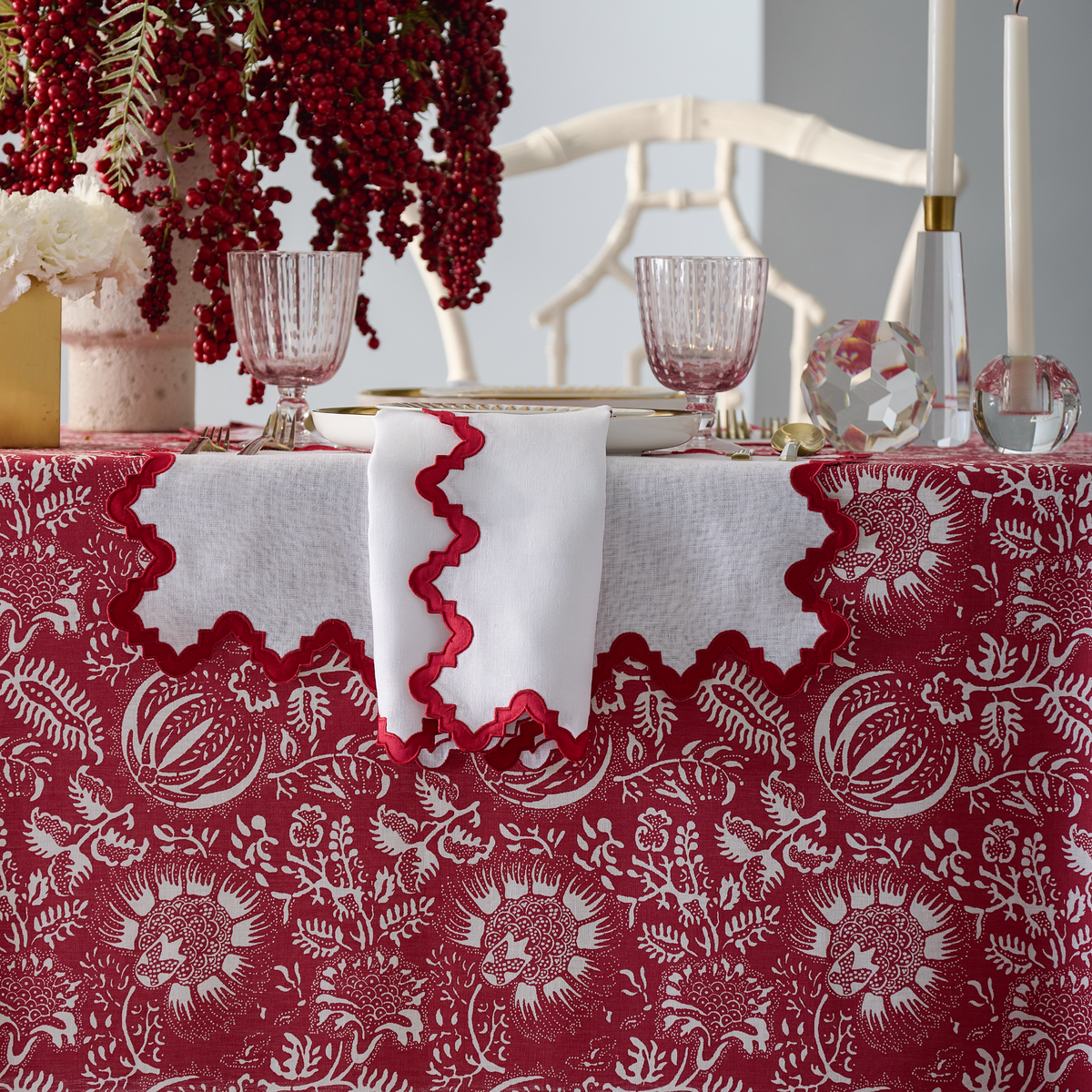 Lifestyle Image of Matouk Granada Table Linens in Scarlet Color