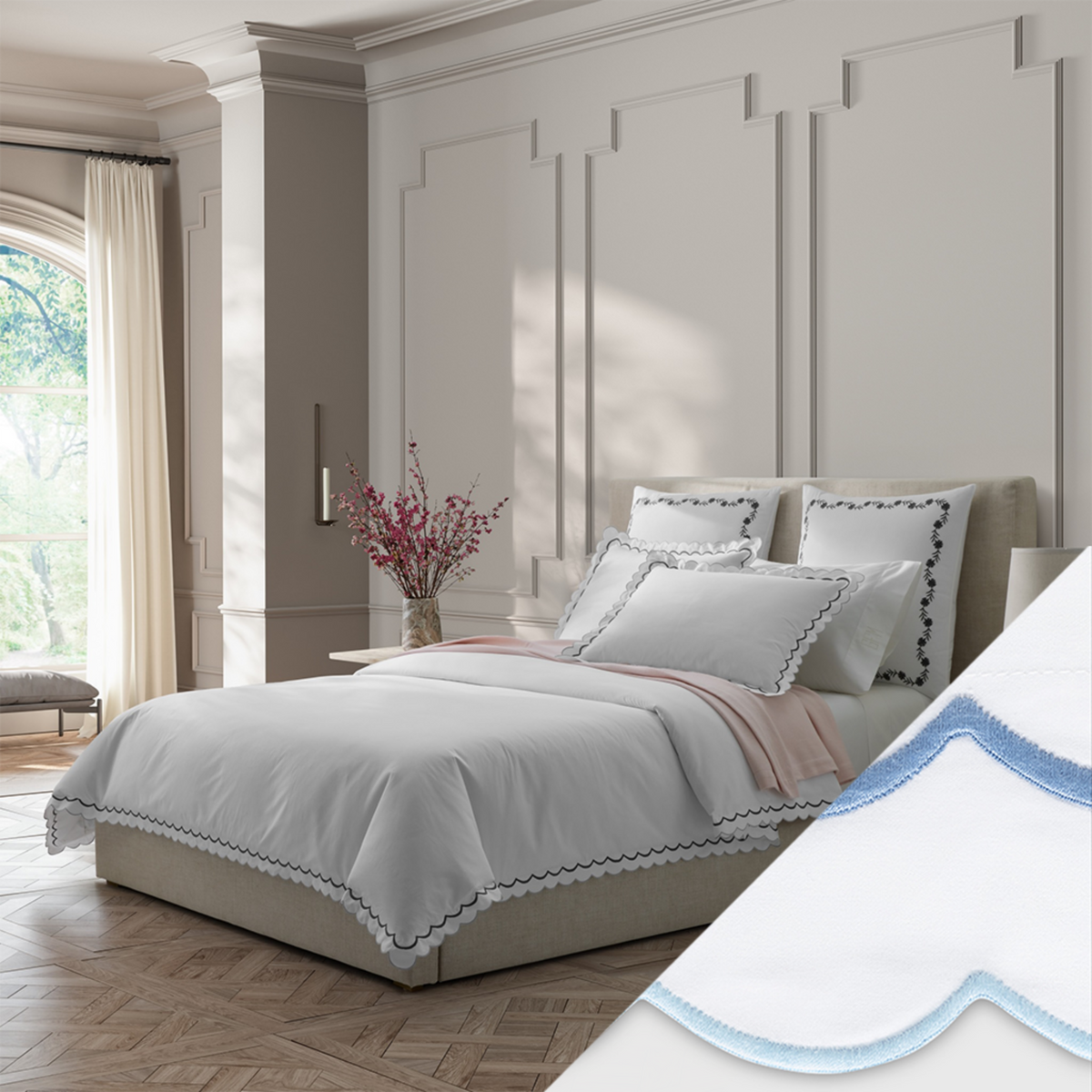 Full Bed Dressed in Matouk India Bedding in Charcoal Color with Azure Swatch
