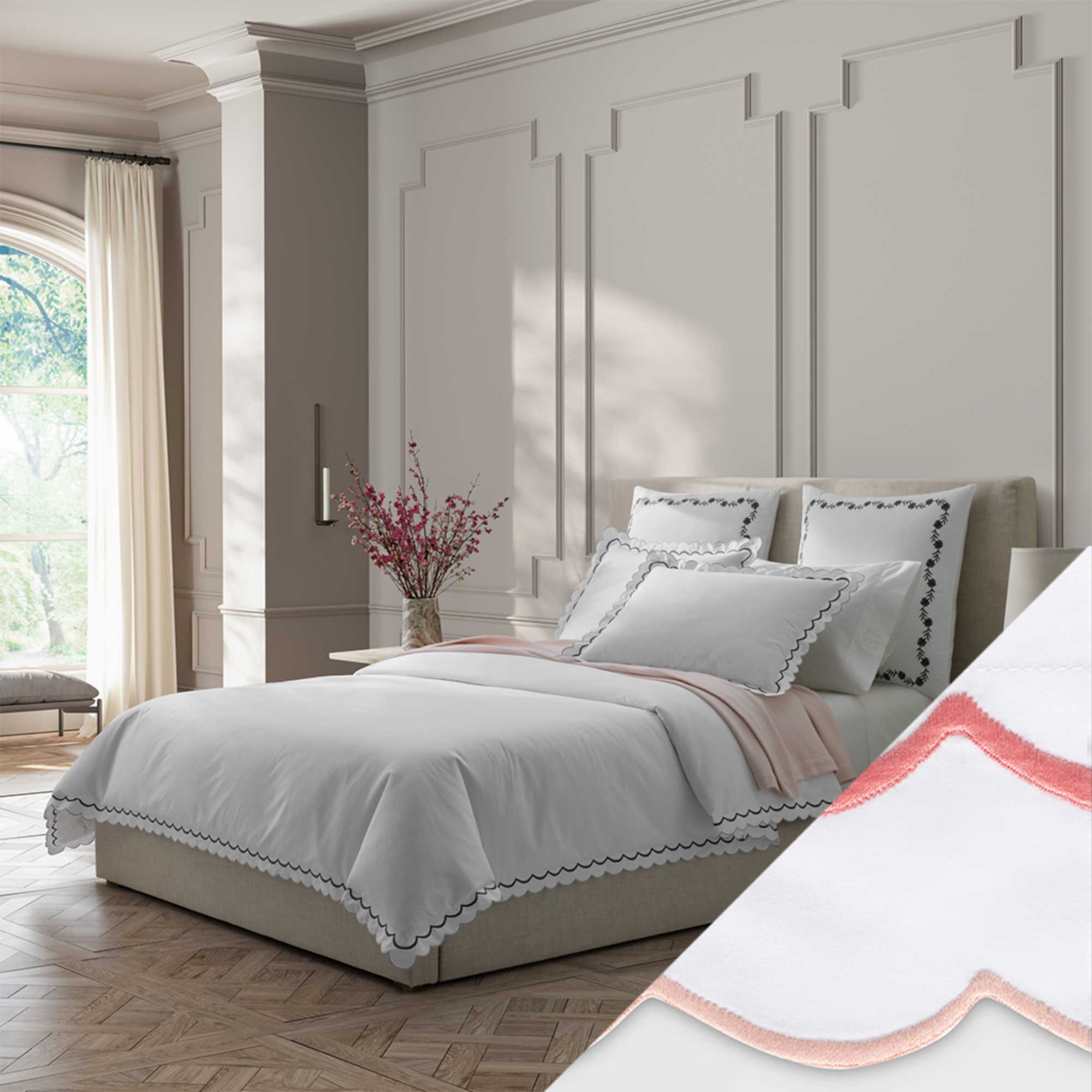 Full Bed Dressed in Matouk India Bedding in Charcoal Color with Blush Swatch