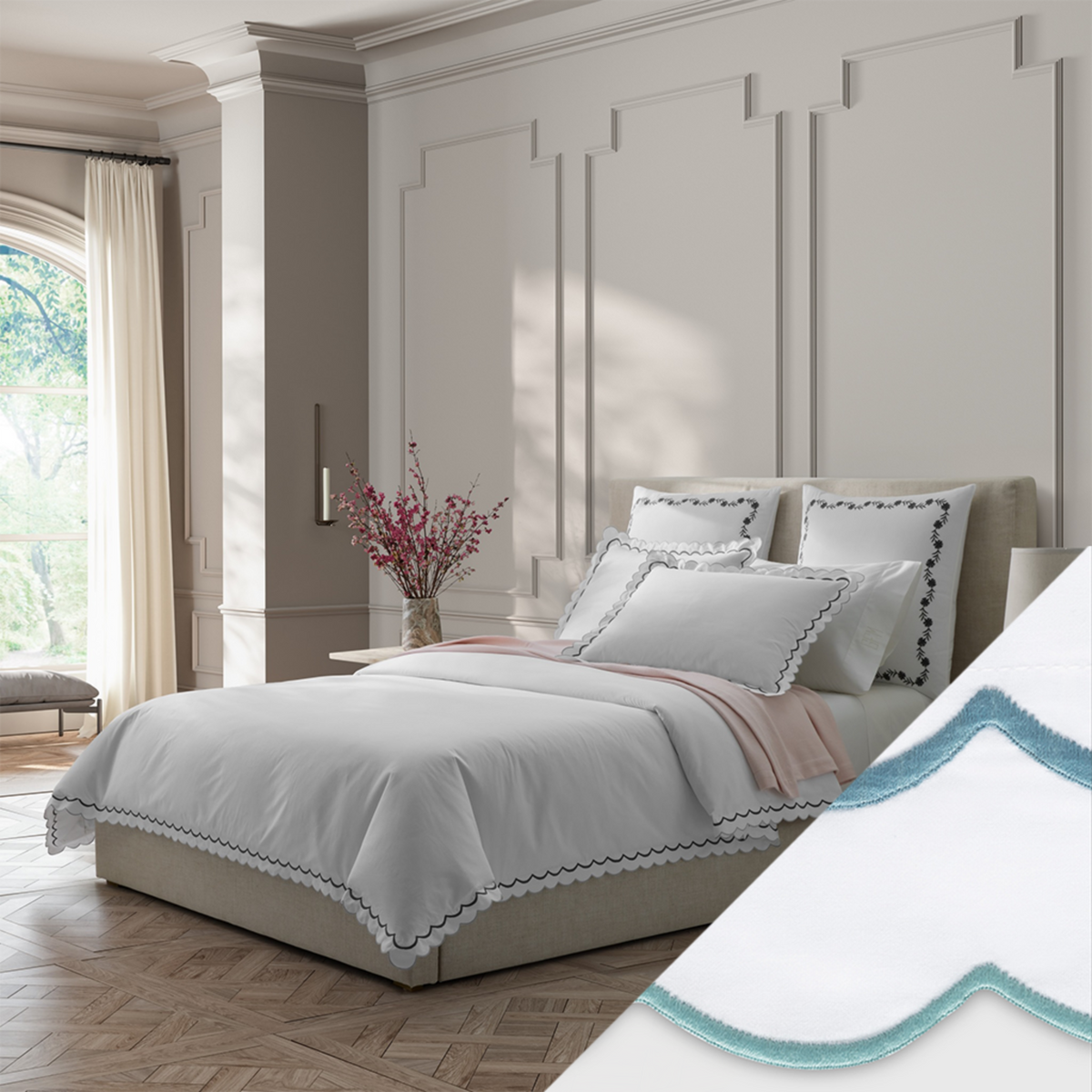Full Bed Dressed in Matouk India Bedding in Charcoal Color with Cerulean Swatch