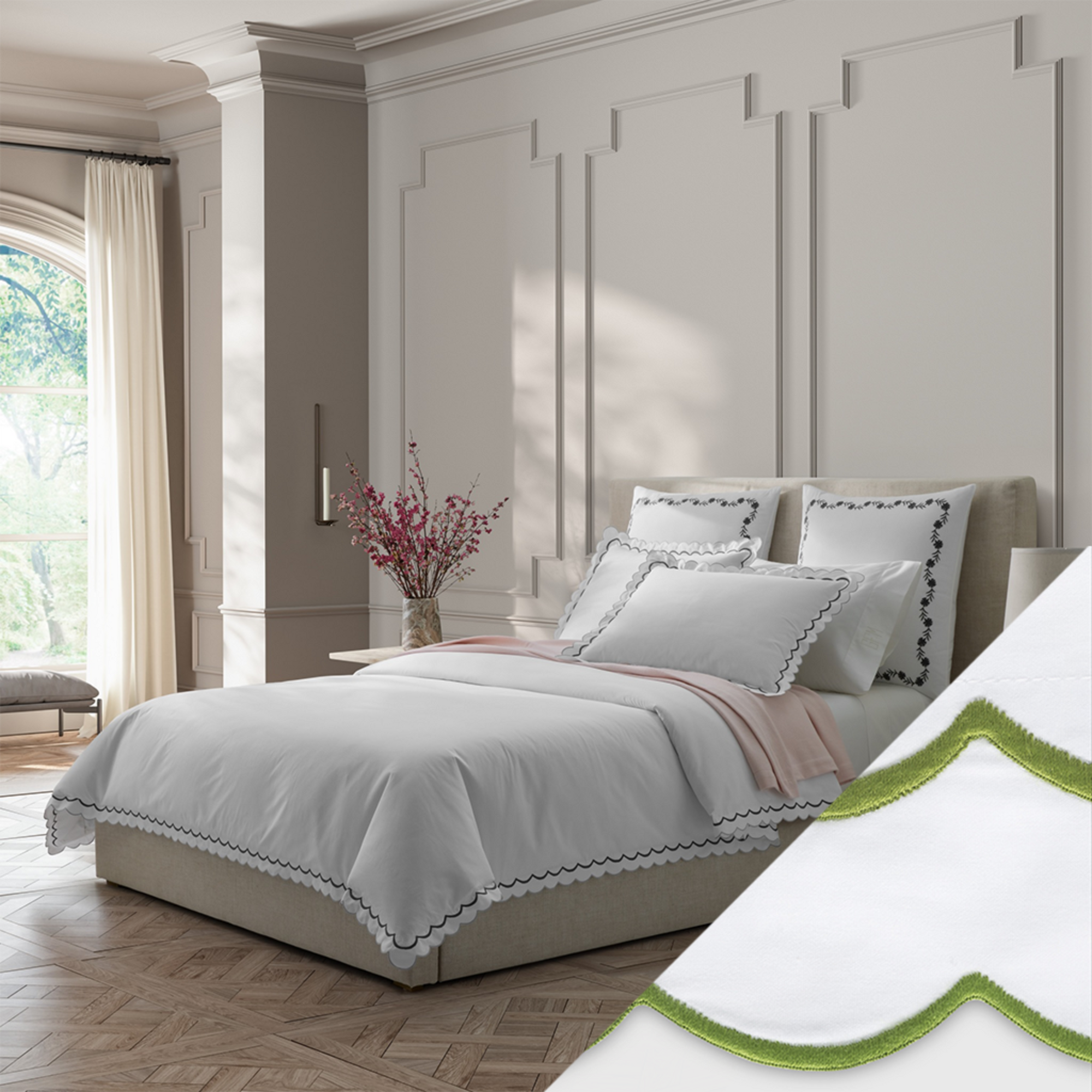 Full Bed Dressed in Matouk India Bedding in Charcoal Color with Grass Swatch