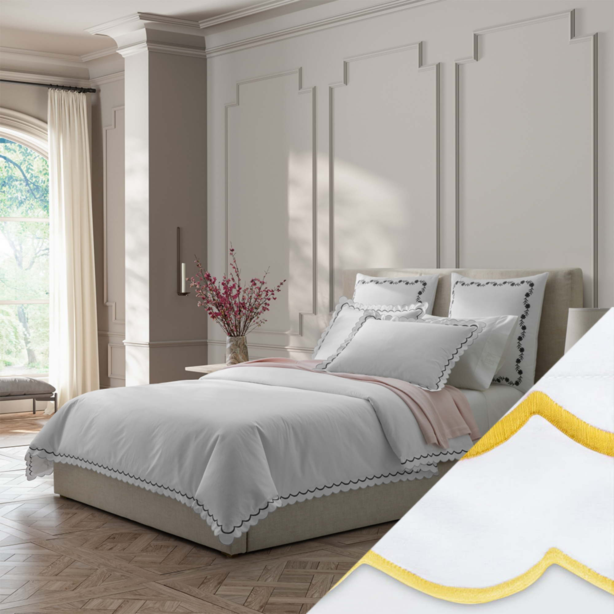 Full Bed Dressed in Matouk India Bedding in Charcoal Color with Lemon Swatch