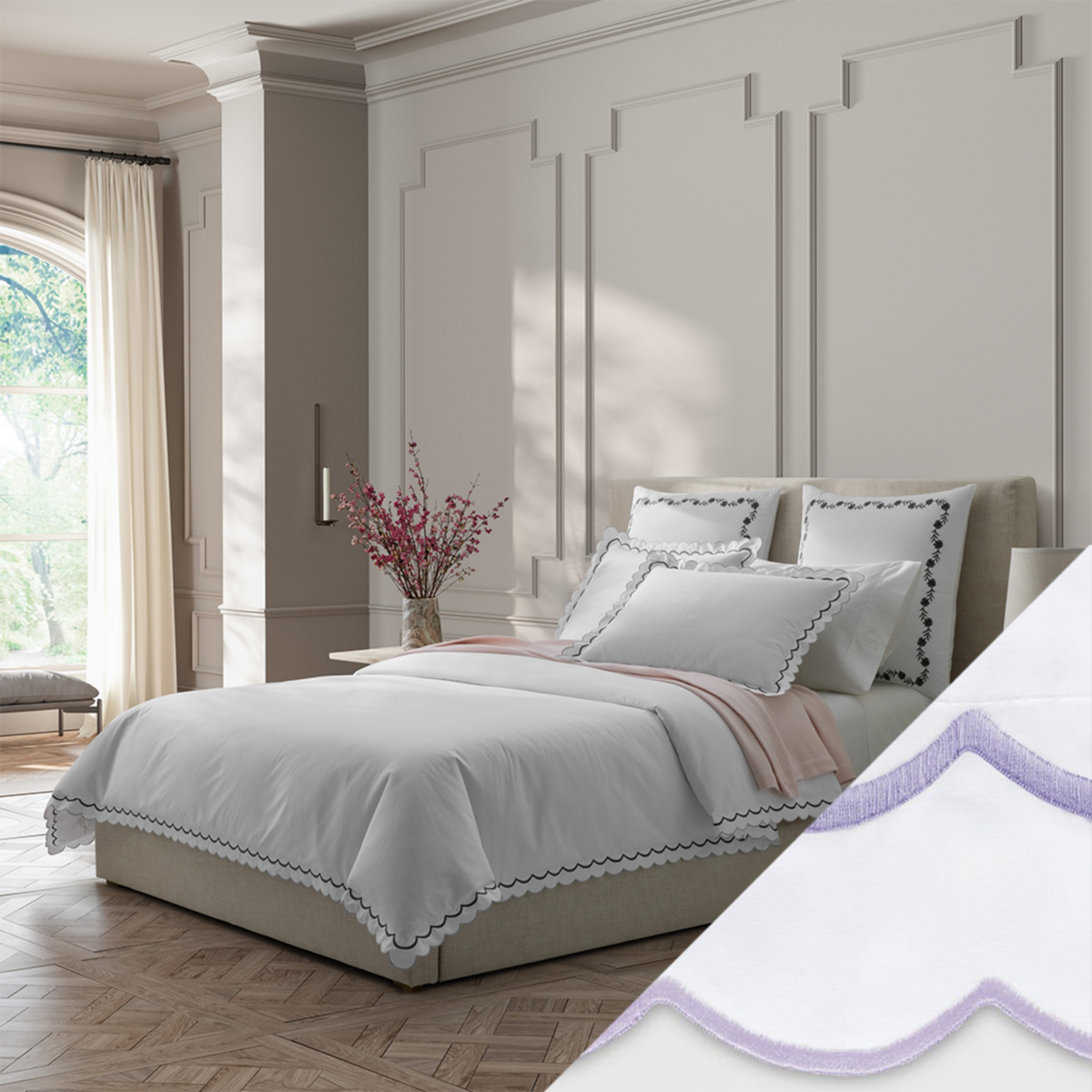 Full Bed Dressed in Matouk India Bedding in Charcoal Color with Lilac Swatch