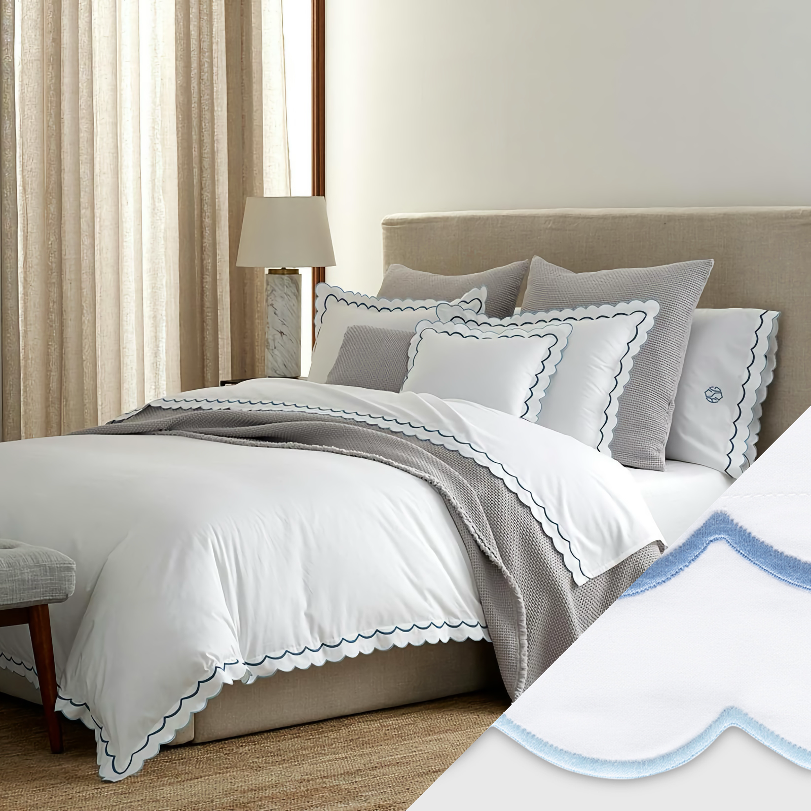 Bed with Swatch of Matouk India Bedding in Azure
