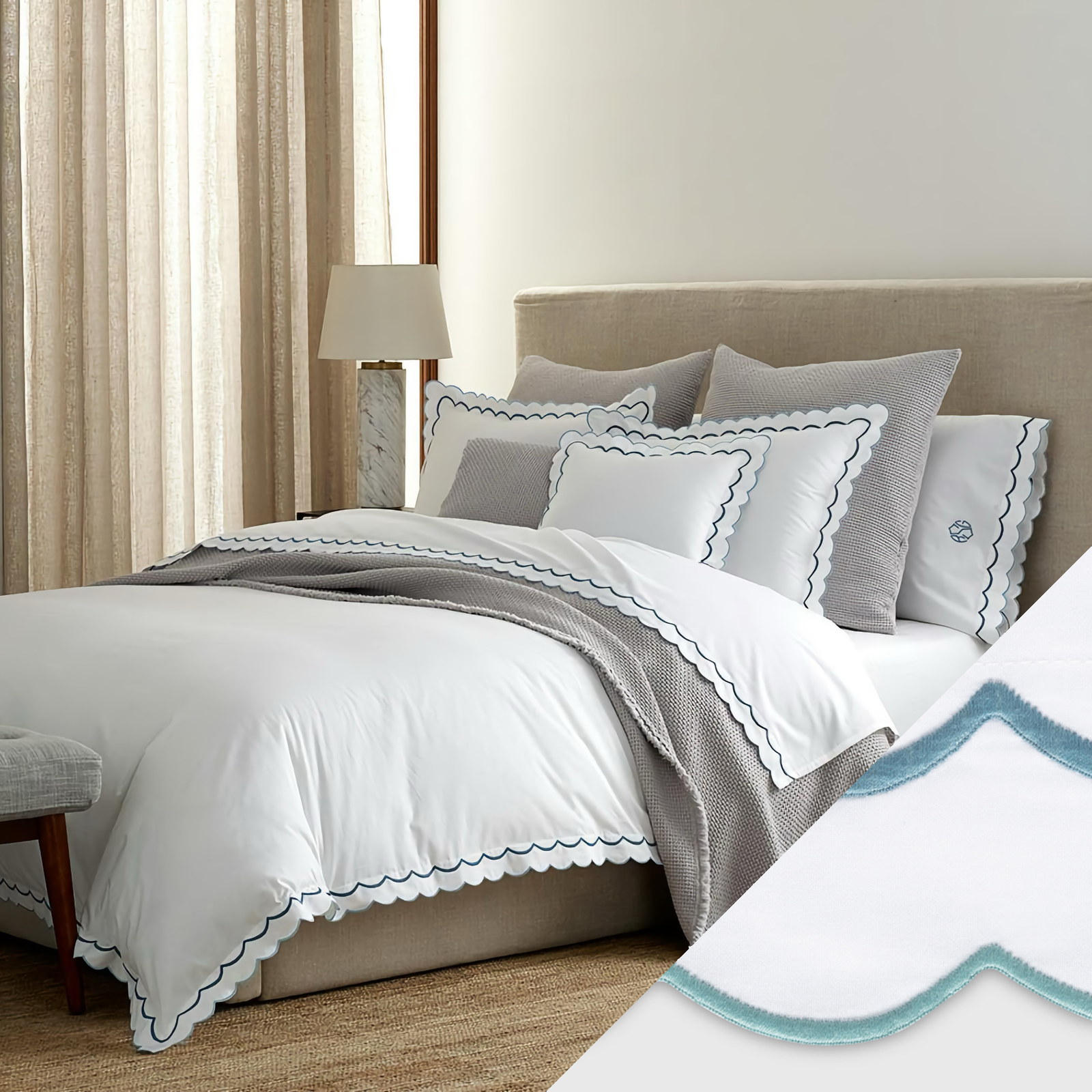 Bed with Swatch of Matouk India Bedding in Cerulean