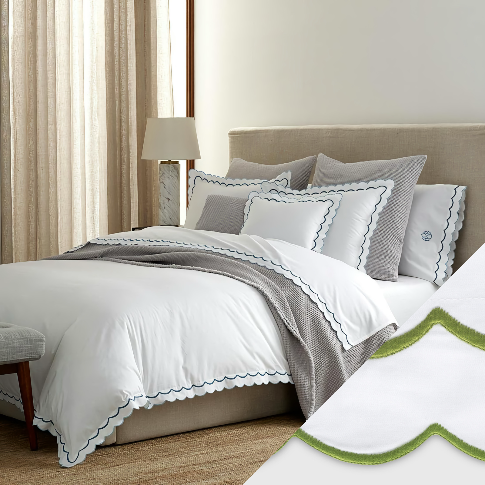 Bed with Swatch of Matouk India Bedding in Grass