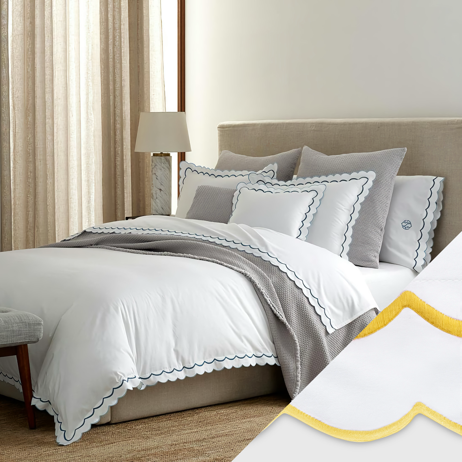 Bed with Swatch of Matouk India Bedding in Lemon