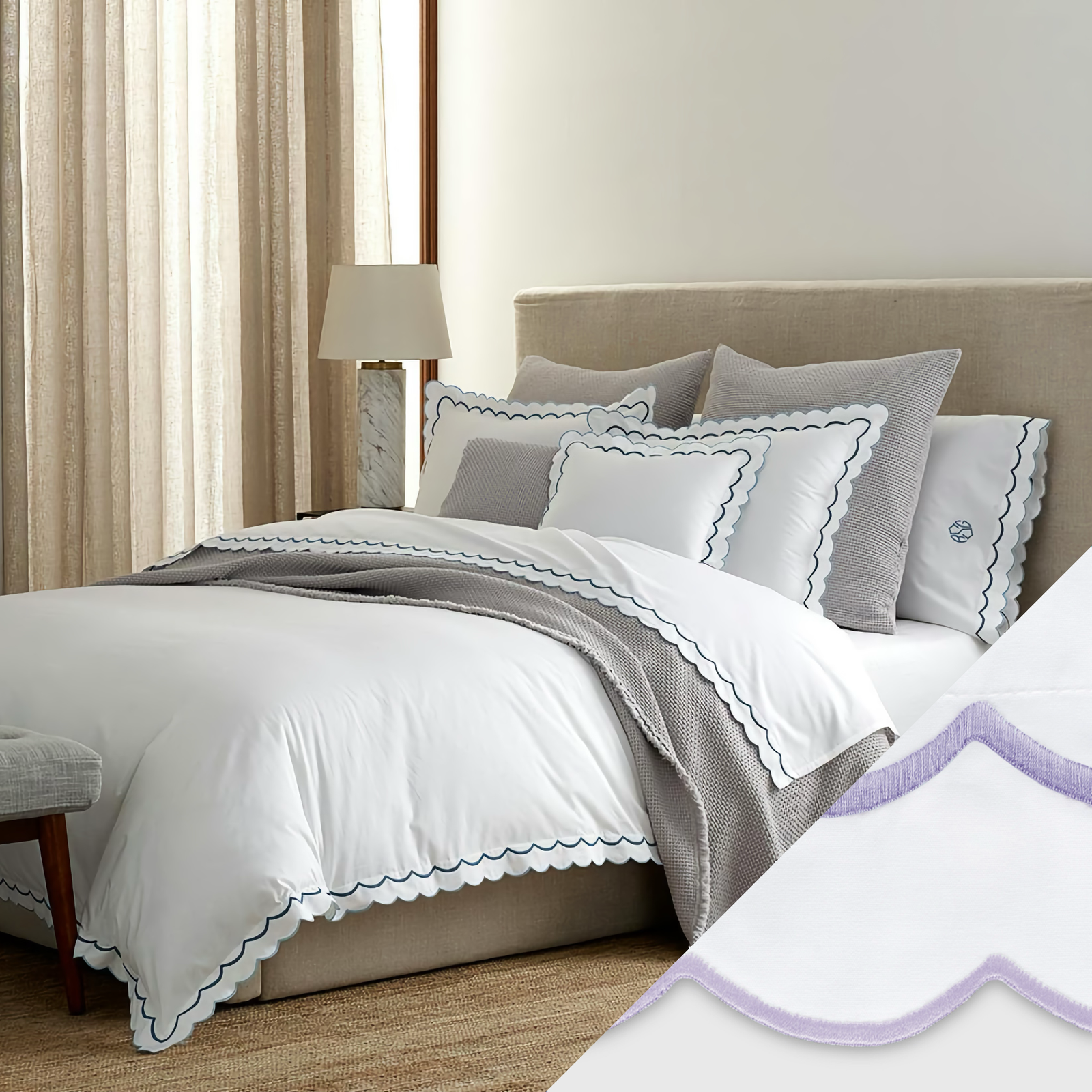 Bed with Swatch of Matouk India Bedding in Lilac