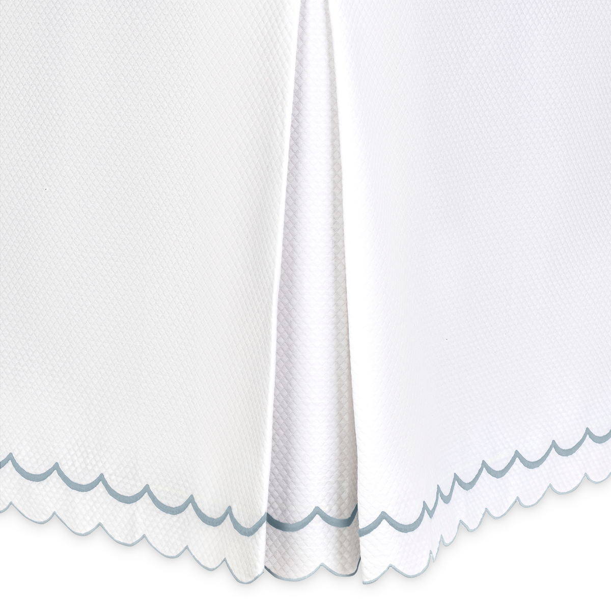 Closeup of Matouk India Pique Bedding Bedskirt in Pool Color