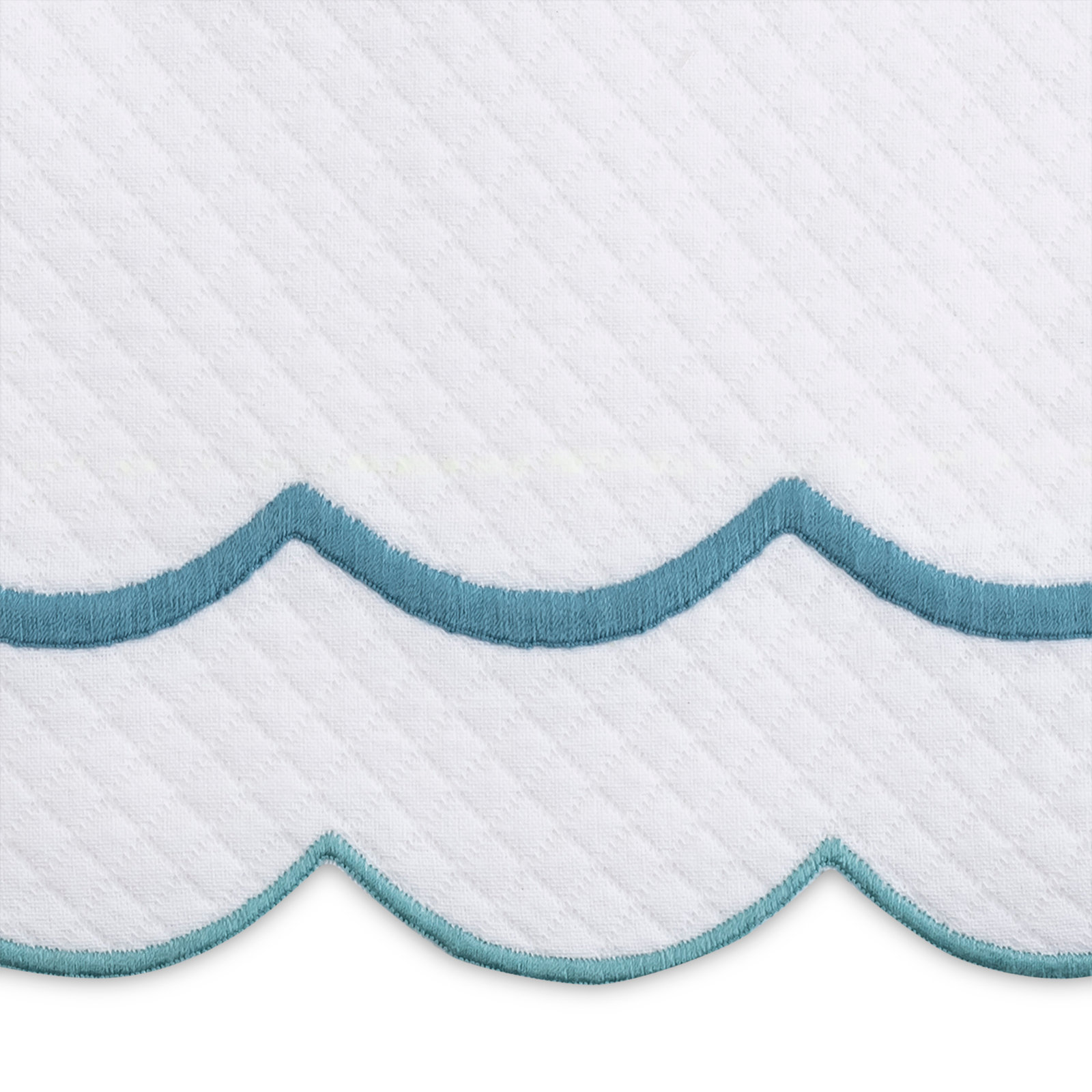 Full Bedding in a Room Dressed in Matouk India Pique Collection in Cerulean Color