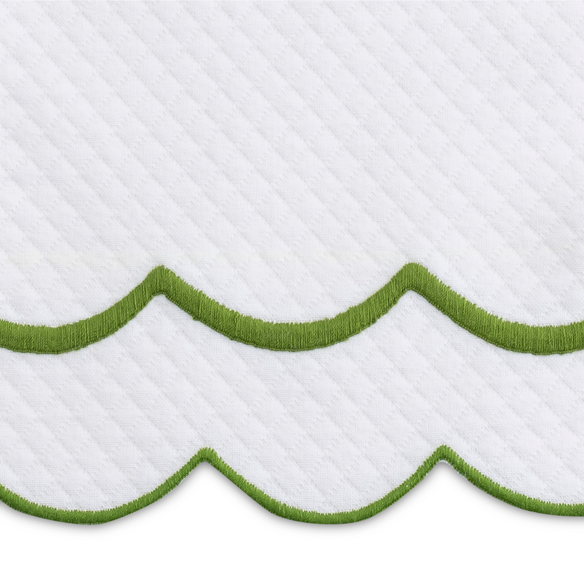 Closeup of Matouk India Pique Bedding Swatch Sample in Grass Color Fine Linen