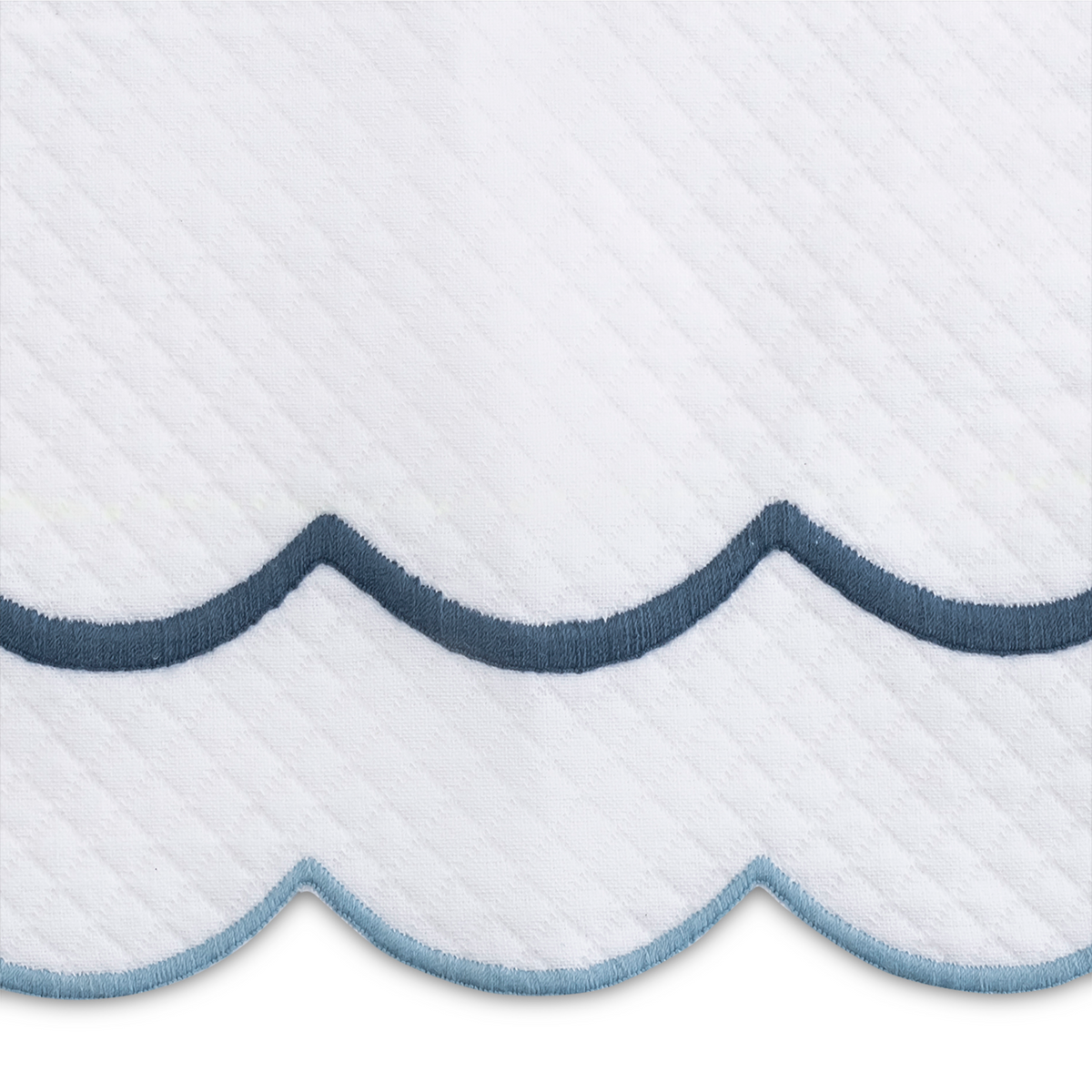 Closeup of Matouk India Pique Bedding Swatch Sample in Hazy Blue Color Fine Linen