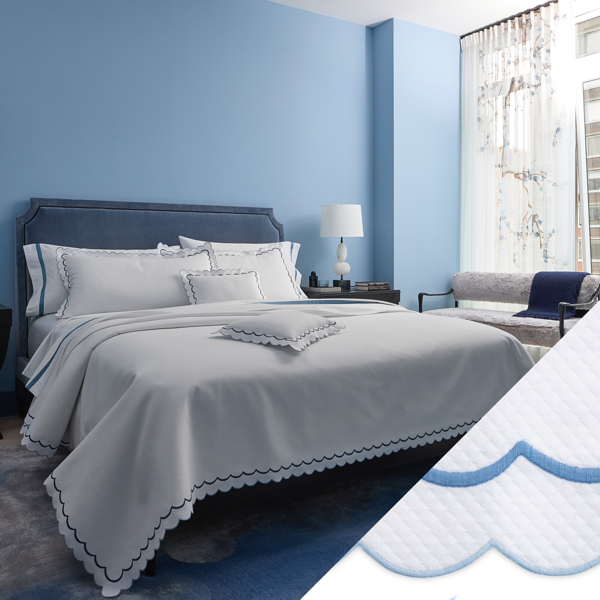 Full Bedding in a Room Dressed in Matouk India Pique Collection in Azure Color