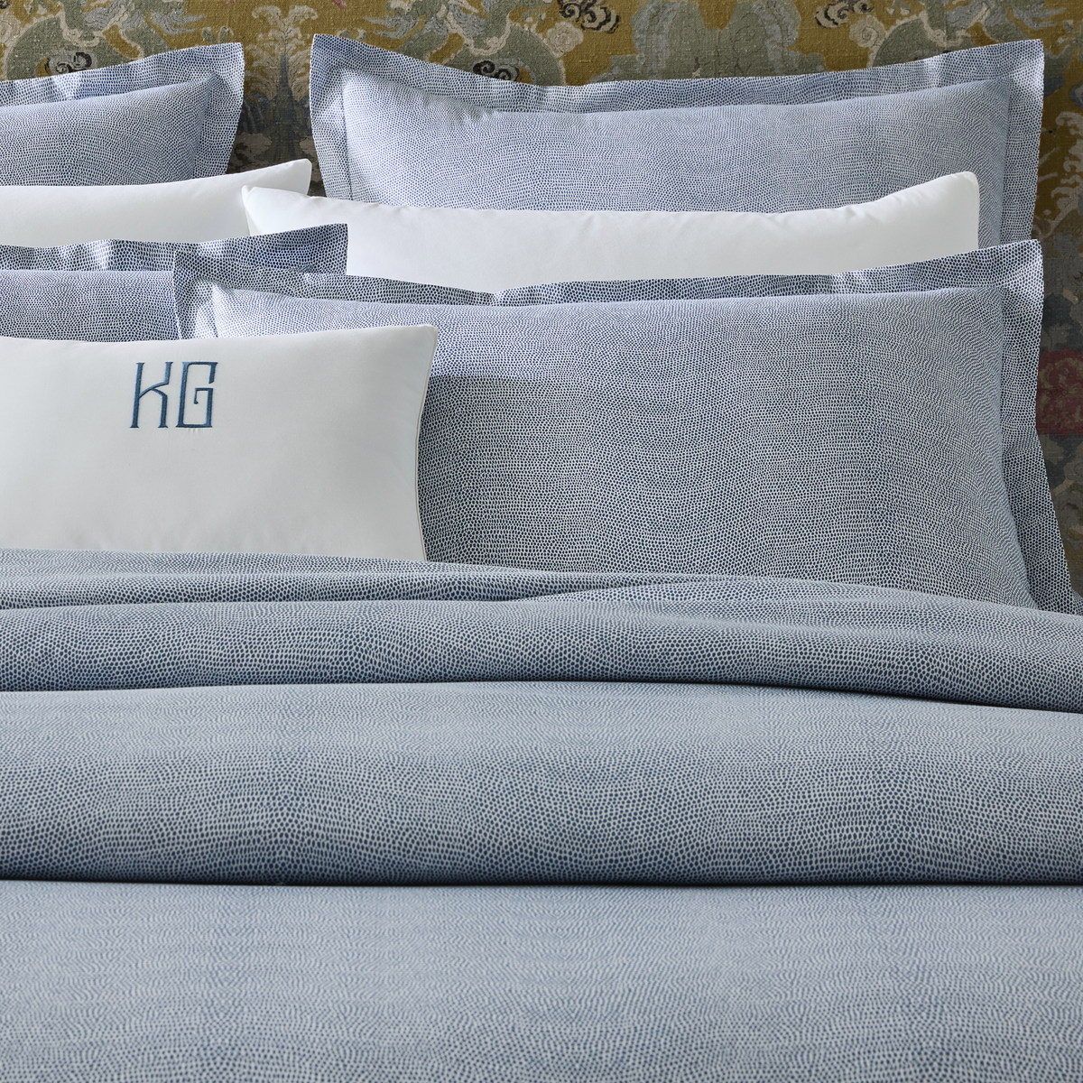 Closeup Lifestyle View of Steel Blue Matouk Jasper Bedding