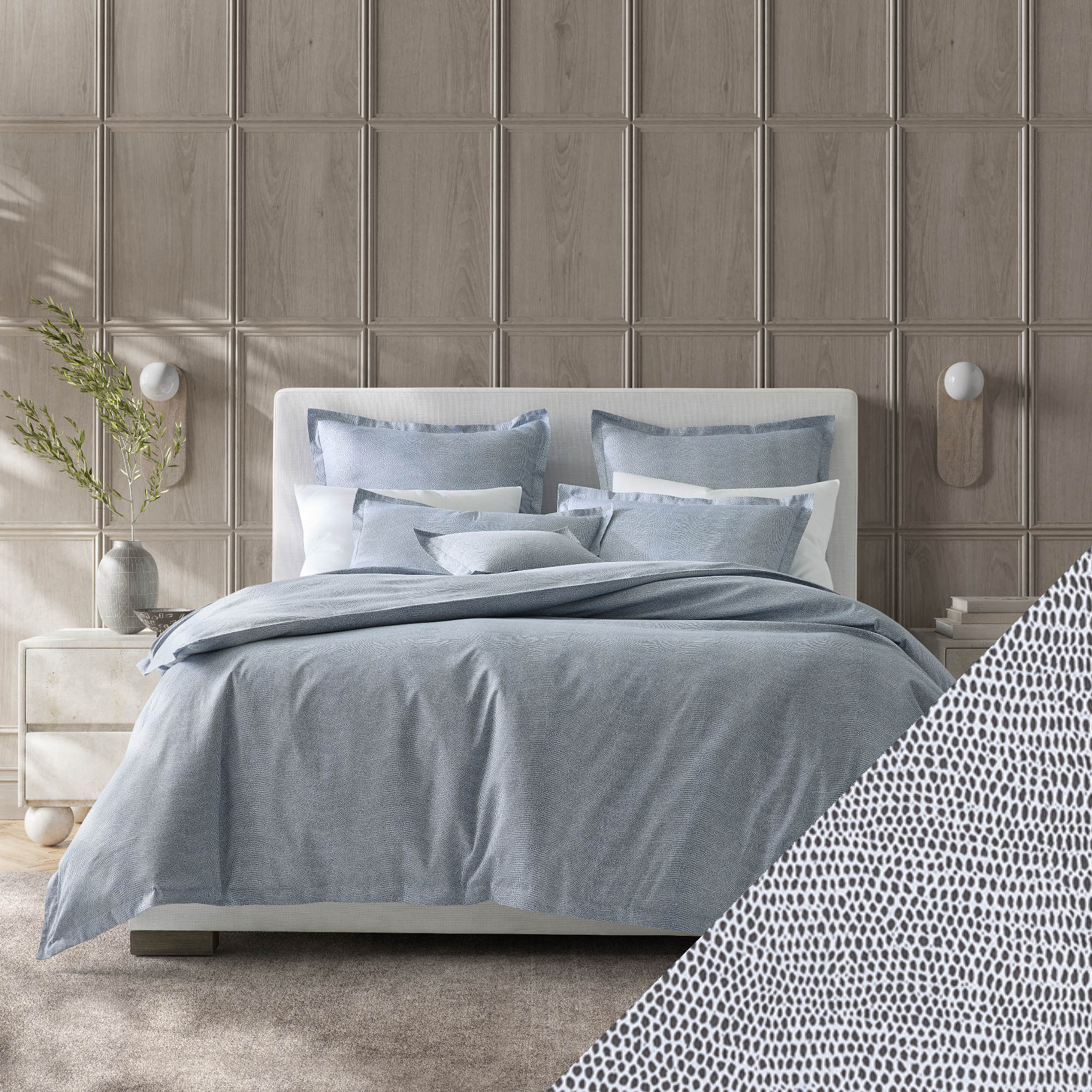 Full Bed Dressed in Steel Blue Matouk Jasper Bedding with Charcoal Swatch