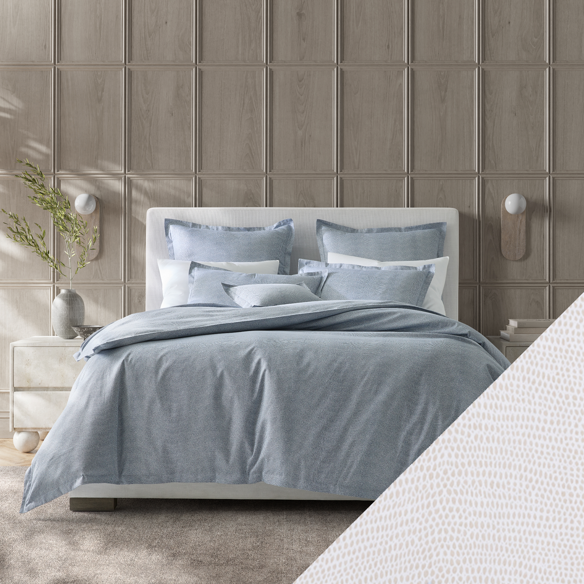 Full Bed Dressed in Steel Blue Matouk Jasper Bedding with Dune Swatch