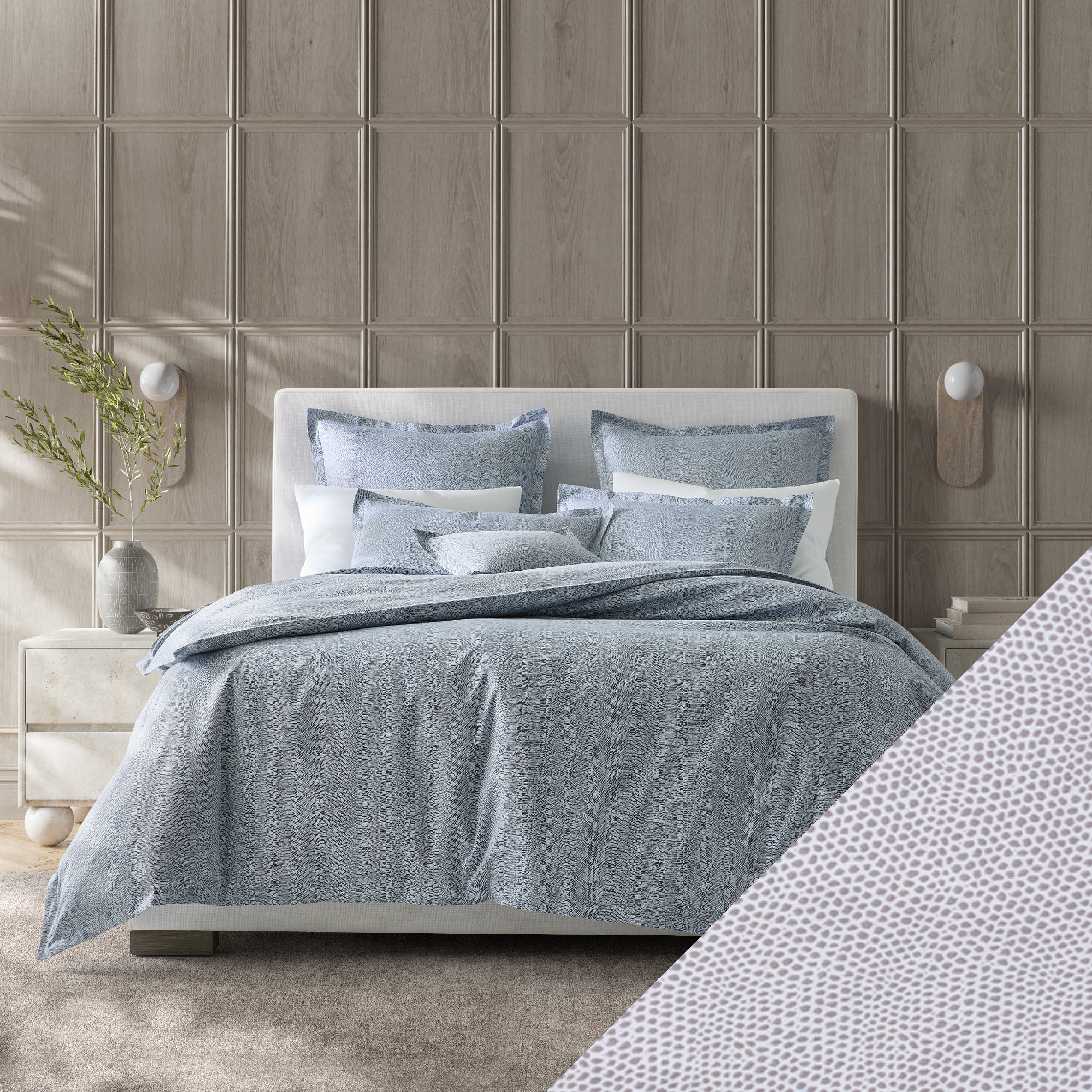 Full Bed Dressed in Steel Blue Matouk Jasper Bedding with Fawn Swatch
